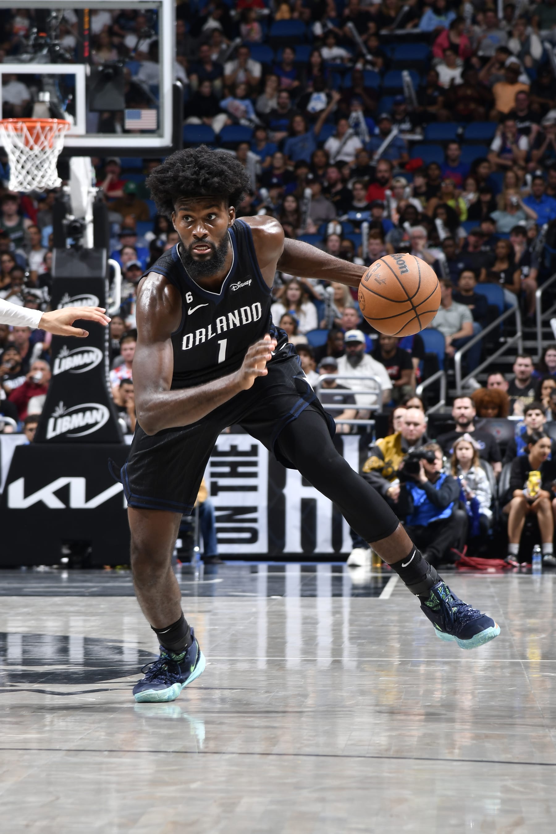 ORLANDO, FL - FEBRUARY 23: Jonathan Isaac #1 of the Orlando Magic handles the ball during the game against the Detroit Pistons on February 23, 2023 at Amway Center in Orlando, Florida. NOTE TO USER: User expressly acknowledges and agrees that, by downloading and or using this photograph, User is consenting to the terms and conditions of the Getty Images License Agreement. Mandatory Copyright Notice: Copyright 2023 NBAE (Photo by Fernando Medina/NBAE via Getty Images)