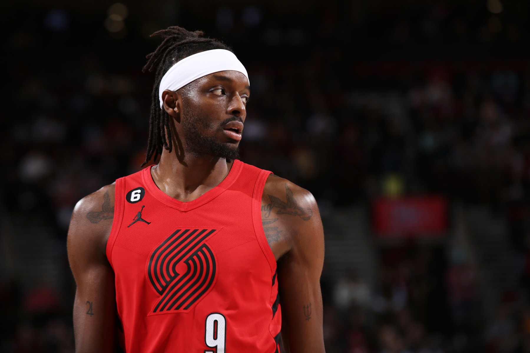 PORTLAND, OR - JANUARY 22: Jerami Grant #9 of the Portland Trail Blazers looks on during the game against the Los Angeles Lakers on January 22, 2023 at the Moda Center Arena in Portland, Oregon. NOTE TO USER: User expressly acknowledges and agrees that, by downloading and or using this photograph, user is consenting to the terms and conditions of the Getty Images License Agreement. Mandatory Copyright Notice: Copyright 2022 NBAE (Photo by Cameron Browne/NBAE via Getty Images)