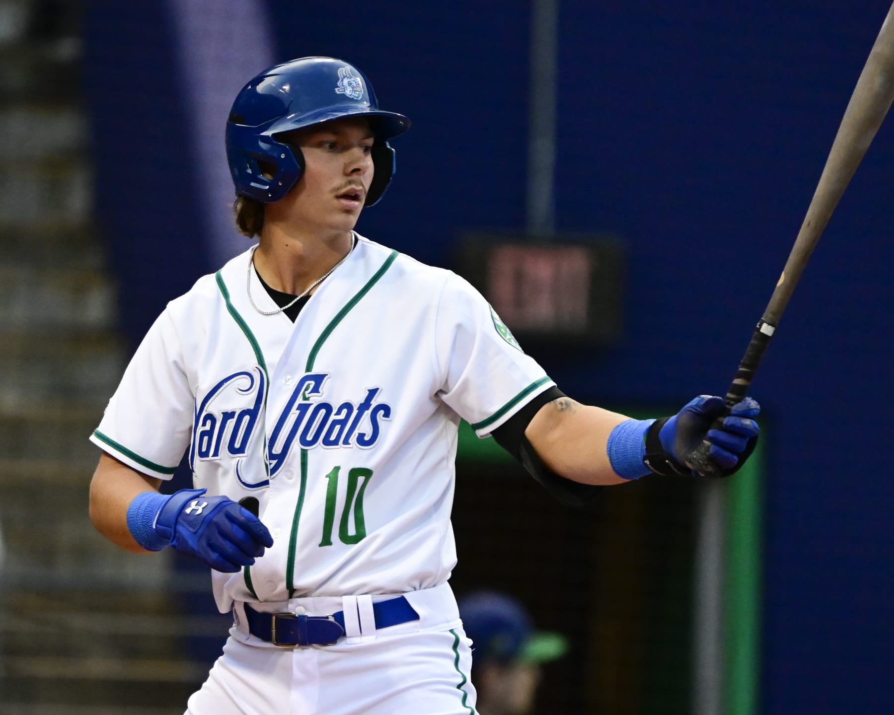 HARTFORD, CT - AUGUST 03: Hartford Yard Goats left fielder Jordan Beck at the plate against the Reading Fightin Phils at Dunkin Park in Hartford August 03, 2023. (Photo by Andy Cross/MediaNews Group/The Denver Post via Getty Images)