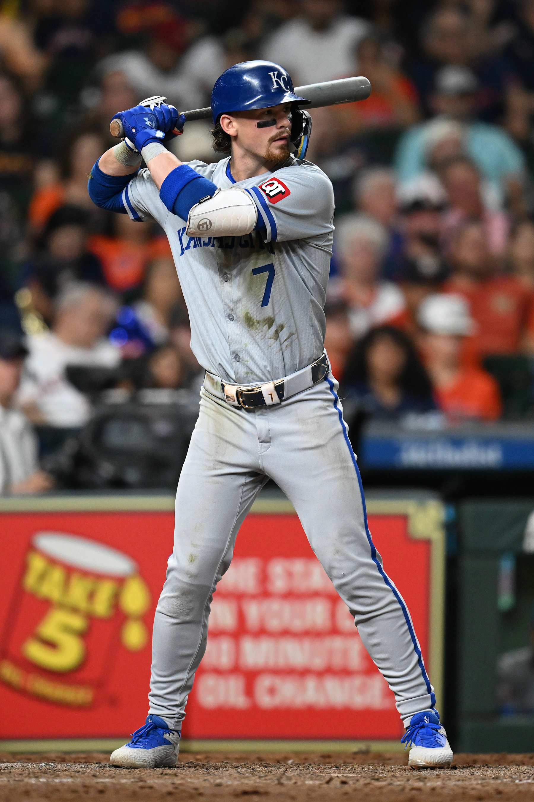 HOUSTON, TEXAS - AUGUST 30: Bobby Witt Jr. #7 of the Kansas City Royals bats against the Kansas City Royals at Minute Maid Park on August 30, 2024 in Houston, Texas. (Photo by Jack Gorman/Getty Images)