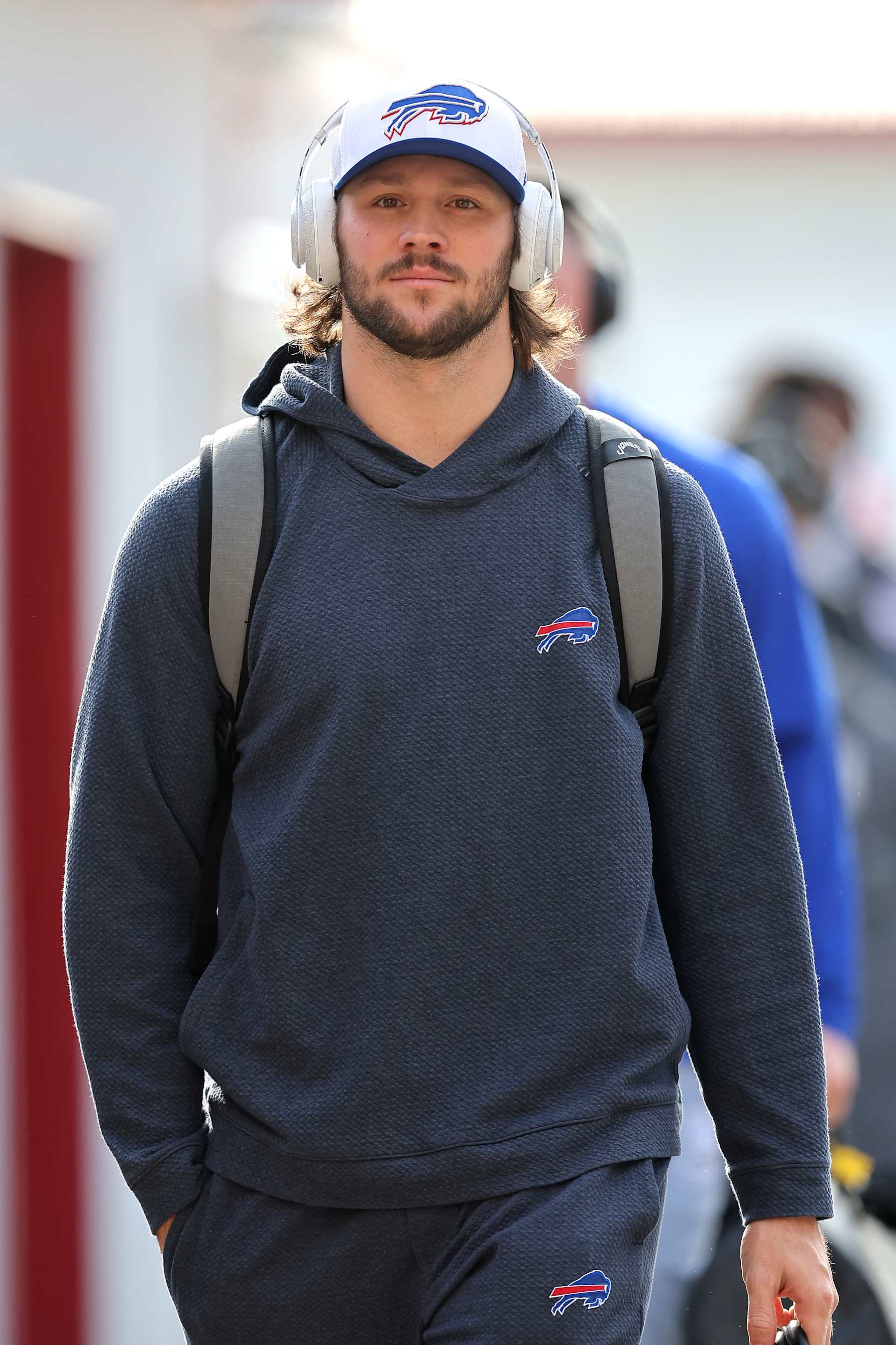 KANSAS CITY, MISSOURI - JANUARY 26: Josh Allen #17 of the Buffalo Bills arrives prior to the AFC Championship Game against the Kansas City Chiefs at GEHA Field at Arrowhead Stadium on January 26, 2025 in Kansas City, Missouri.  (Photo by David Eulitt/Getty Images)