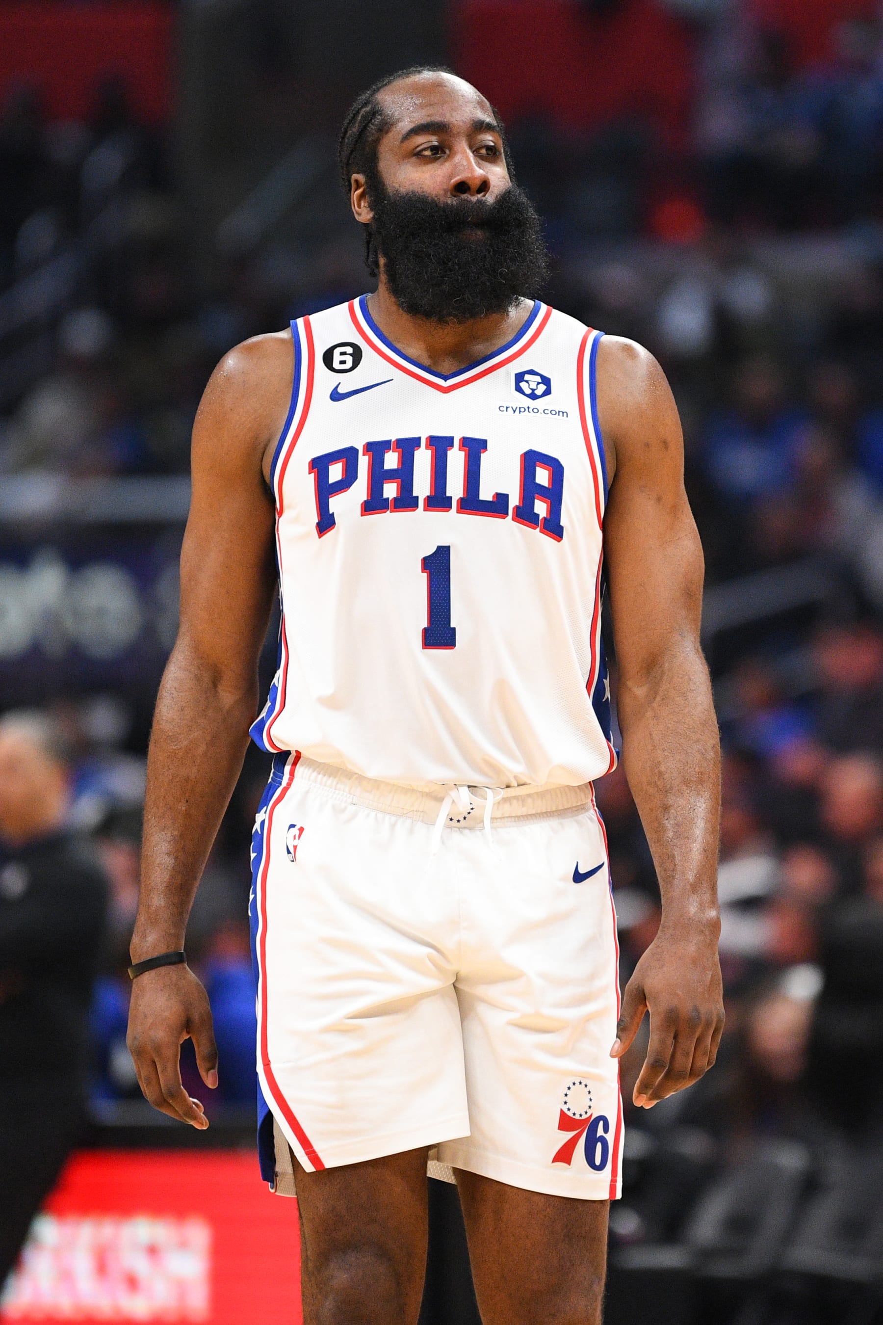 LOS ANGELES, CA - JANUARY 17: Philadelphia 76ers Guard James Harden (1) looks on during a NBA game between the Philadelphia 76ers and the Los Angeles Clippers on January 17, 2023 at Crypto.com Arena in Los Angeles, CA. (Photo by Brian Rothmuller/Icon Sportswire via Getty Images)