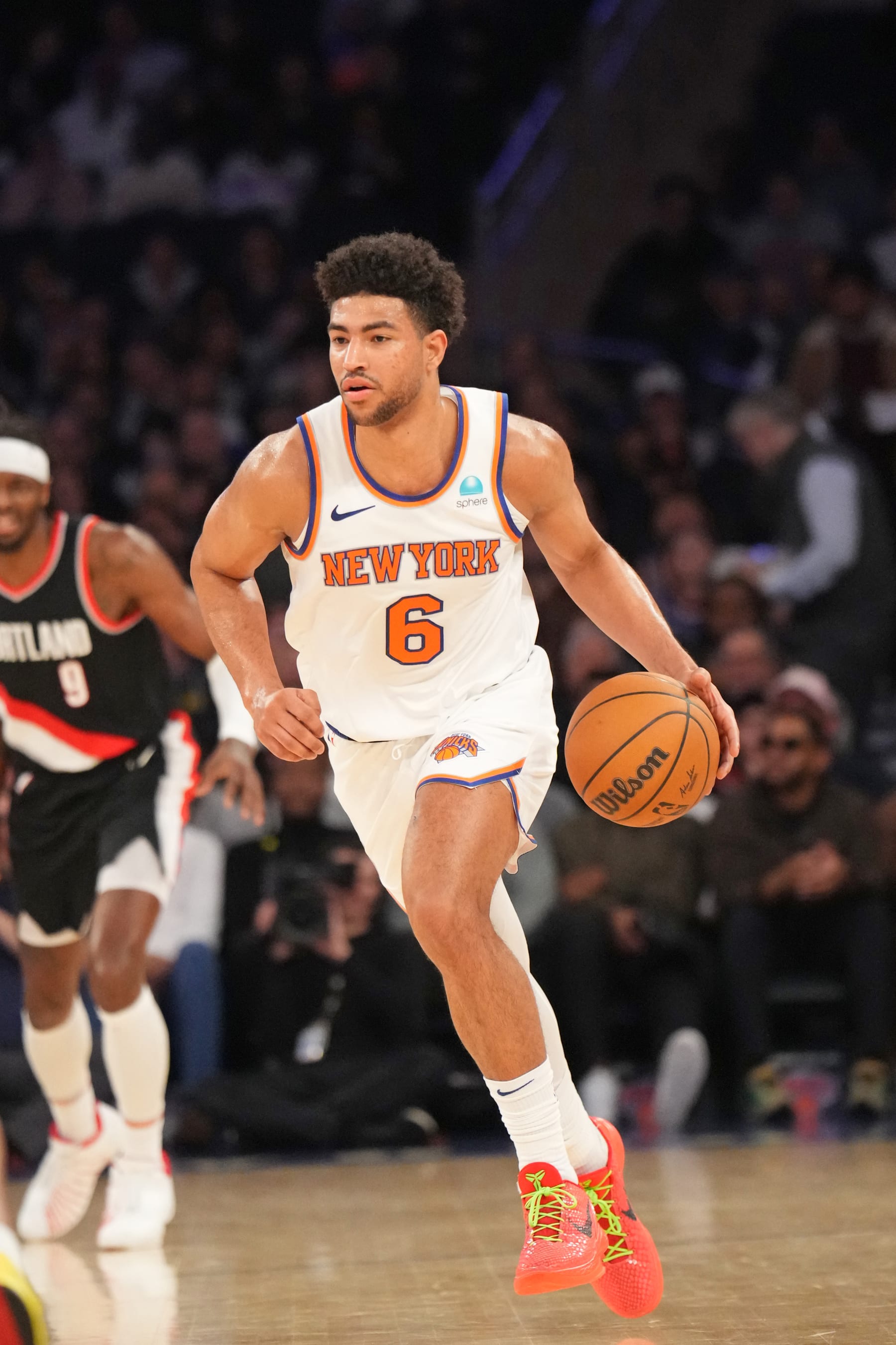 NEW YORK, NY - JANUARY 9: Quentin Grimes #6 of the New York Knicks dribbles the ball during the game against the Portland Trail Blazers on January 9, 2024 at Madison Square Garden in New York City, New York.  NOTE TO USER: User expressly acknowledges and agrees that, by downloading and or using this photograph, User is consenting to the terms and conditions of the Getty Images License Agreement. Mandatory Copyright Notice: Copyright 2024 NBAE  (Photo by Jesse D. Garrabrant/NBAE via Getty Images)