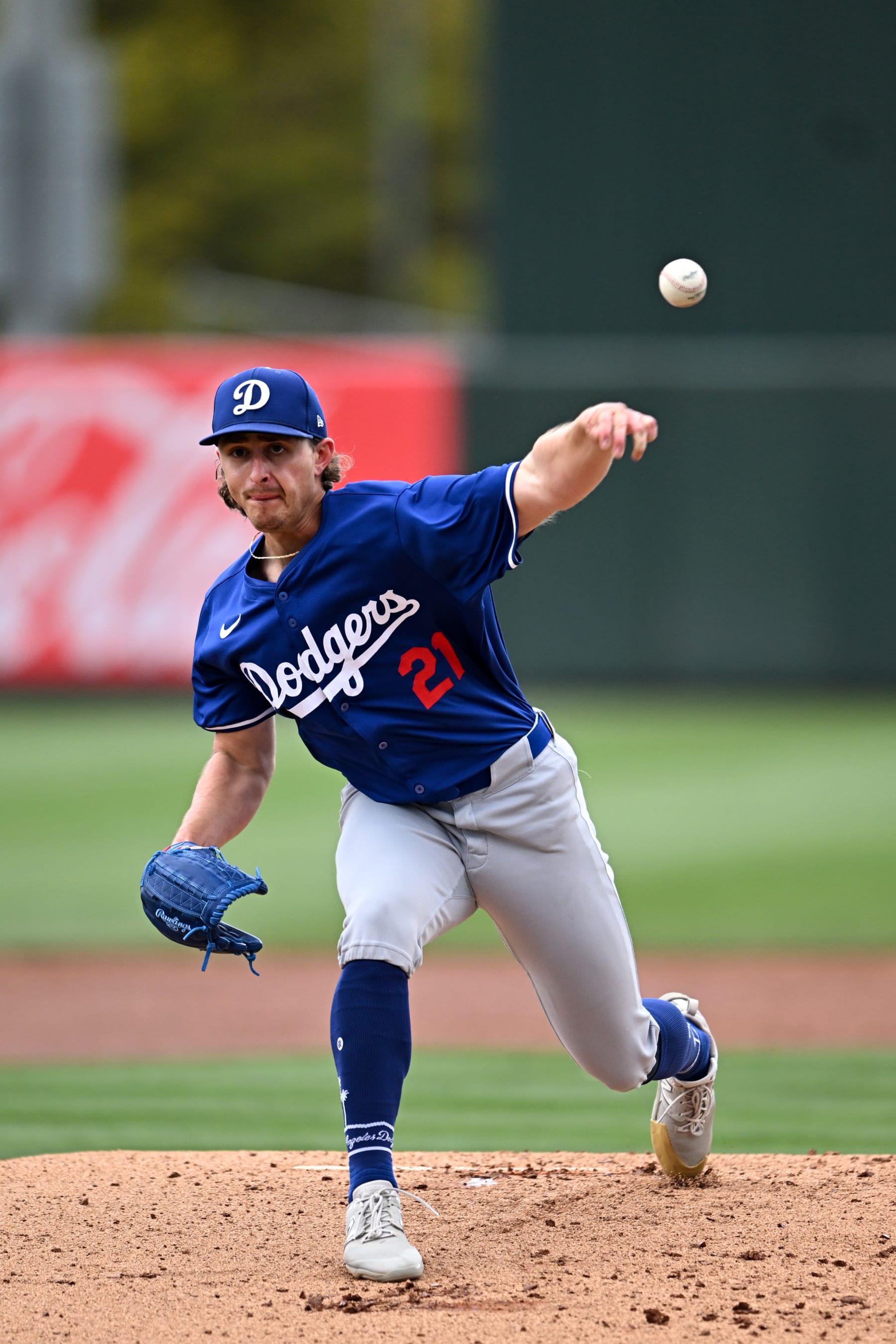 TEMPE, ARIZONA - MARCH 16, 2024: Justin Wrobleski #21 of the Los Angeles Dodgers throws a pitch during the first inning of a spring training Spring Breakout game against the Los Angeles Angels at Tempe Diablo Stadium on March 16, 2024 in Tempe, Arizona. (Photo by Chris Bernacchi/Diamond Images via Getty Images)