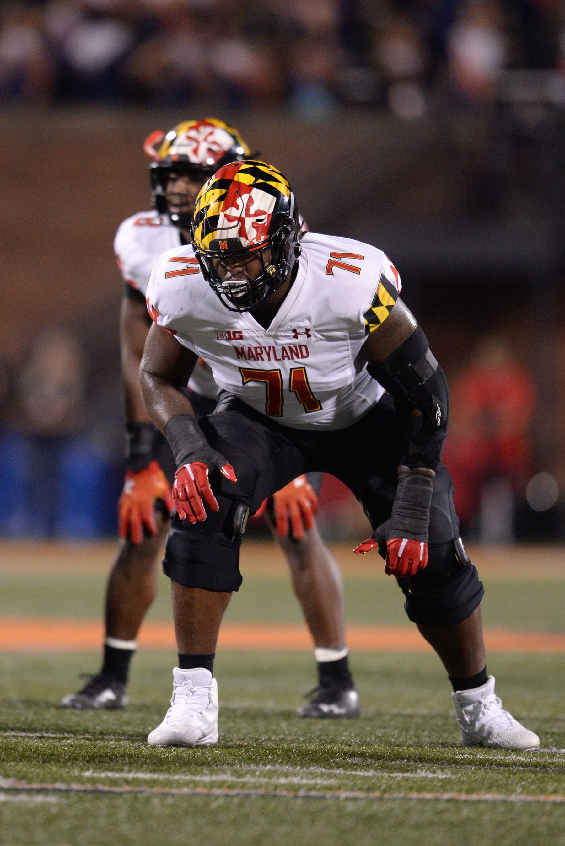 CHAMPAIGN, IL - SEPTEMBER 17: Maryland Terrapins offensive lineman Jaelyn Duncan (71) lines up for a play during the Big Ten Conference college football game between the Maryland Terrapins and the Illinois Fighting Illini on September 17, 2021, at Memorial Stadium in Champaign, Illinois. (Photo by Michael Allio/Icon Sportswire via Getty Images)