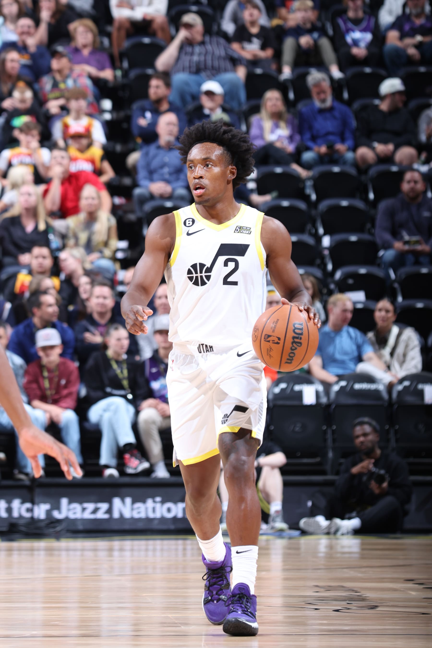 SALT LAKE CITY, UT - OCTOBER 11: Colin Sexton #2 of the Utah Jazz handles the ball during the game against the San Antonio Spurs on October 11, 2022 at vivint.SmartHome Arena in Salt Lake City, Utah. NOTE TO USER: User expressly acknowledges and agrees that, by downloading and or using this Photograph, User is consenting to the terms and conditions of the Getty Images License Agreement. Mandatory Copyright Notice: Copyright 2022 NBAE (Photo by Melissa Majchrzak/NBAE via Getty Images)