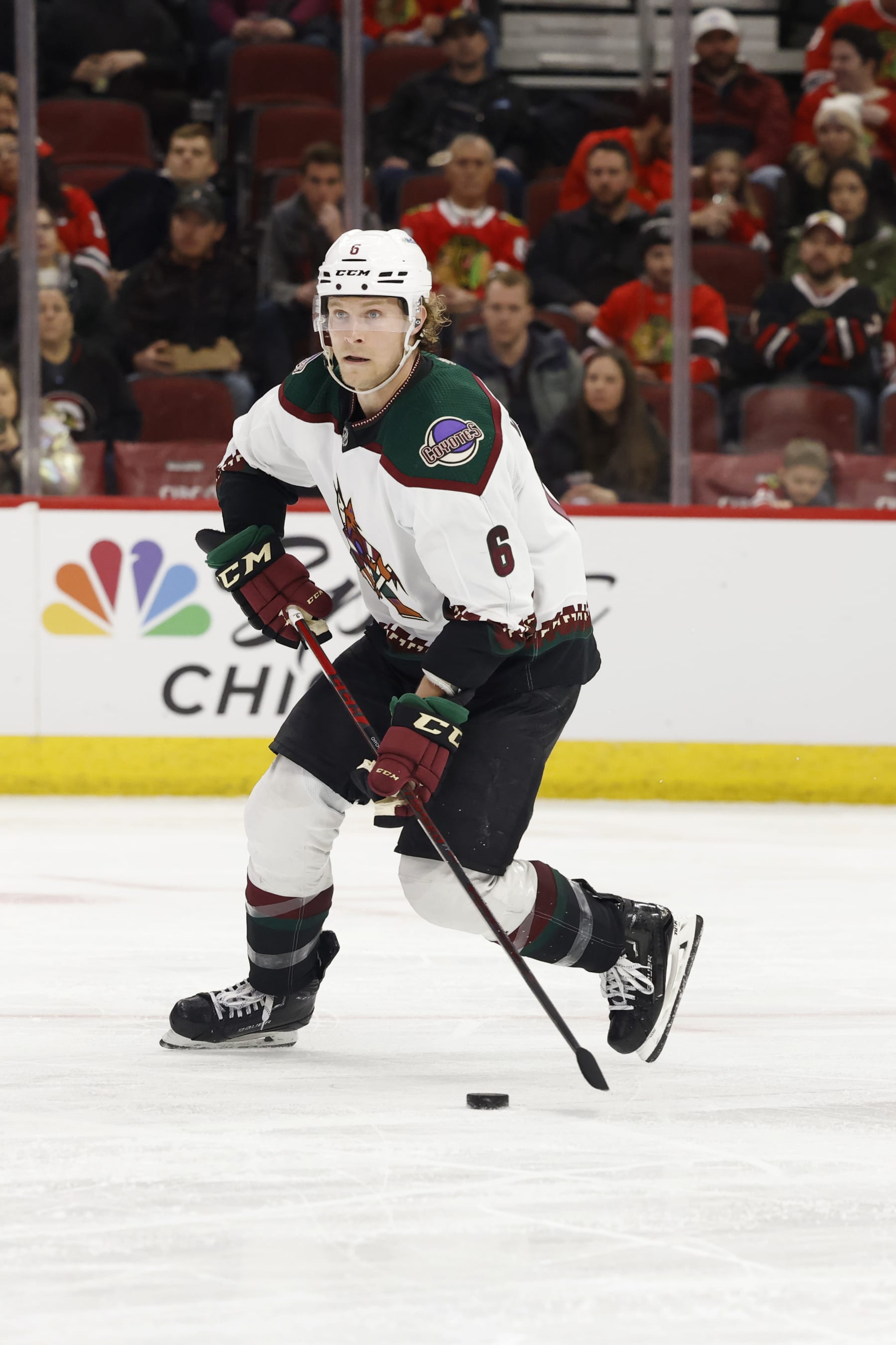 CHICAGO, IL - FEBRUARY 10: Arizona Coyotes defenseman Jakob Chychrun (6) skates with the puck during an NHL game against the Chicago Blackhawks on February 10, 2023 at United Center in Chicago, Illinois. (Photo by Joe Robbins/Icon Sportswire via Getty Images)