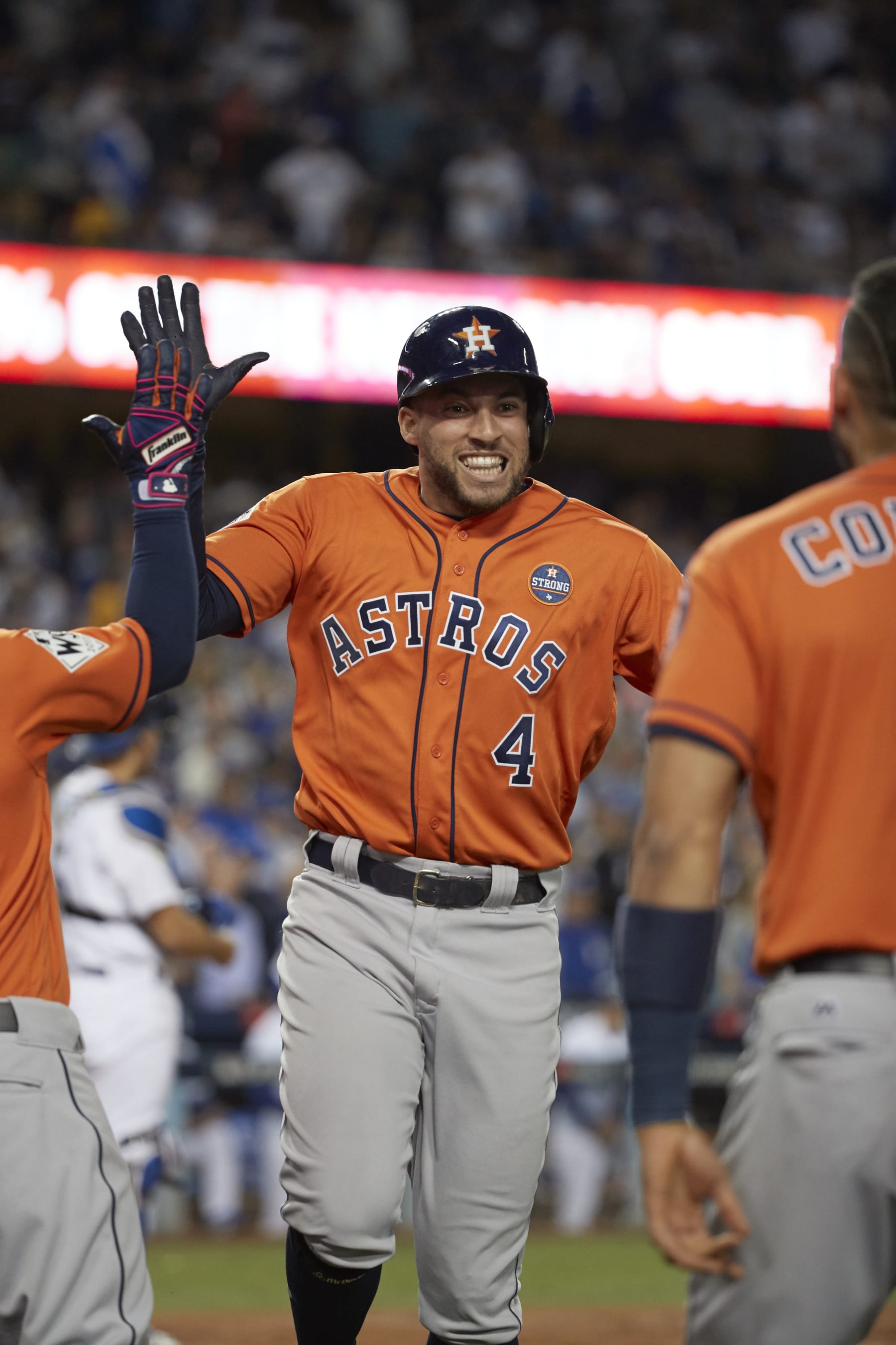 Baseball: World Series: Houston Astros George Springer (4) victorious scoring run vs Los Angeles Dodgers at Dodger Stadium. Game 7. 
Los Angeles, CA 11/1/2017
CREDIT: Al Tielemans (Photo by Al Tielemans /Sports Illustrated via Getty Images)
(Set Number: X161489 TK7 )