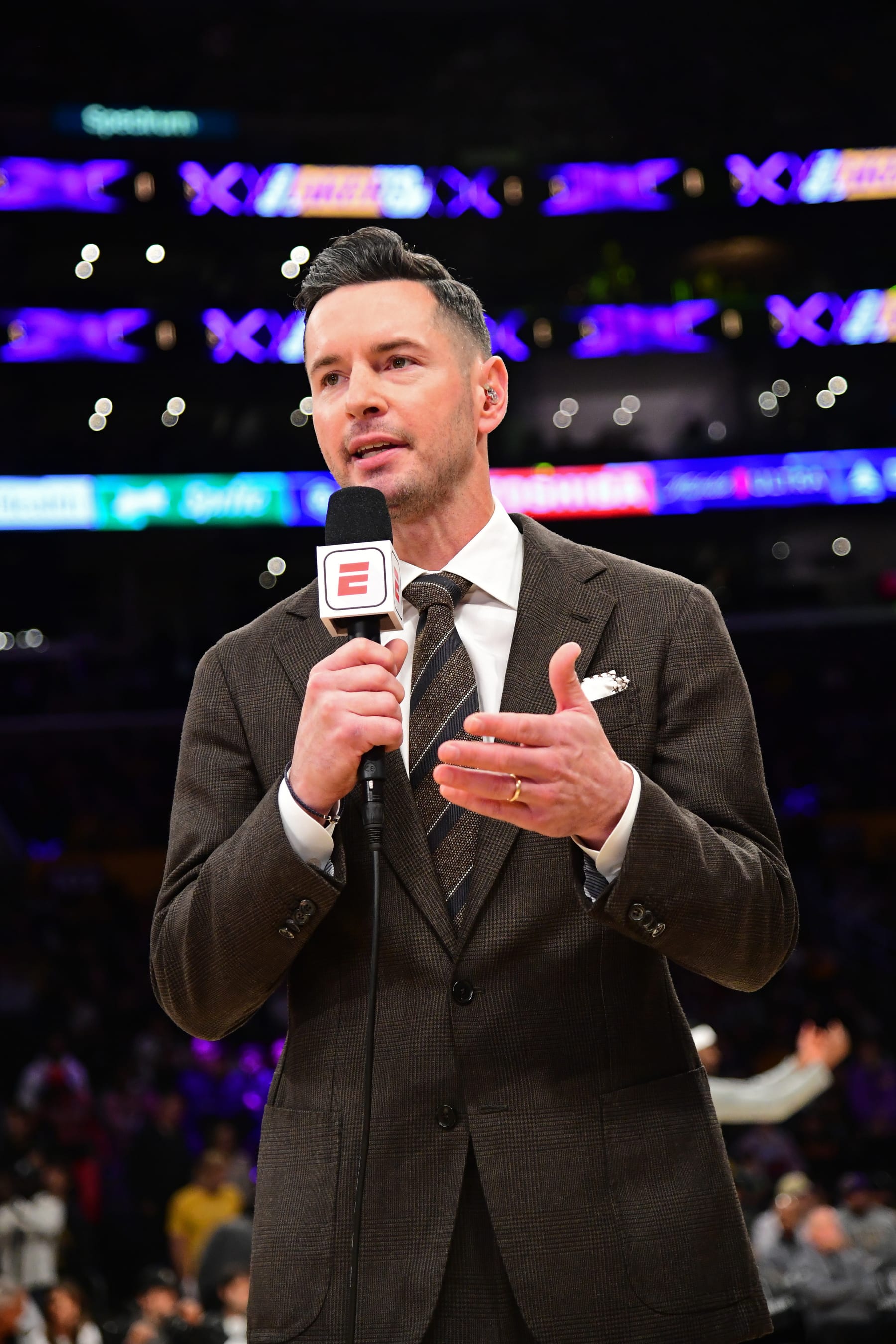 LOS ANGELES, CA - MARCH 2: JJ Redick looks on before the game between the Denver Nuggets and the Los Angeles Lakers on March 2, 2024 at Crypto.Com Arena in Los Angeles, California. NOTE TO USER: User expressly acknowledges and agrees that, by downloading and/or using this Photograph, user is consenting to the terms and conditions of the Getty Images License Agreement. Mandatory Copyright Notice: Copyright 2024 NBAE (Photo by Adam Pantozzi/NBAE via Getty Images)
