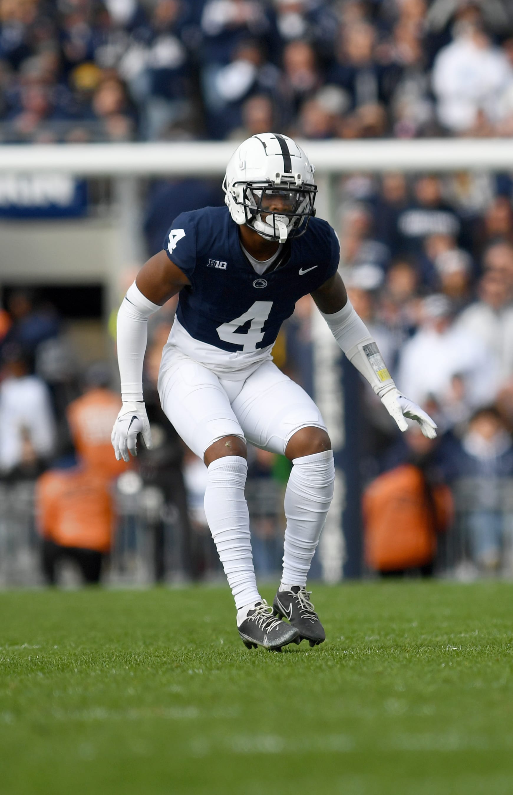 UNIVERSITY PARK, PA - NOVEMBER 11: Penn State cornerback Kalen King (4) covers a receiver during the Michigan Wolverines versus Penn State Nittany Lions game on November 11, 2023 at Beaver Stadium in University Park, PA. (Photo by Randy Litzinger/Icon Sportswire via Getty Images)