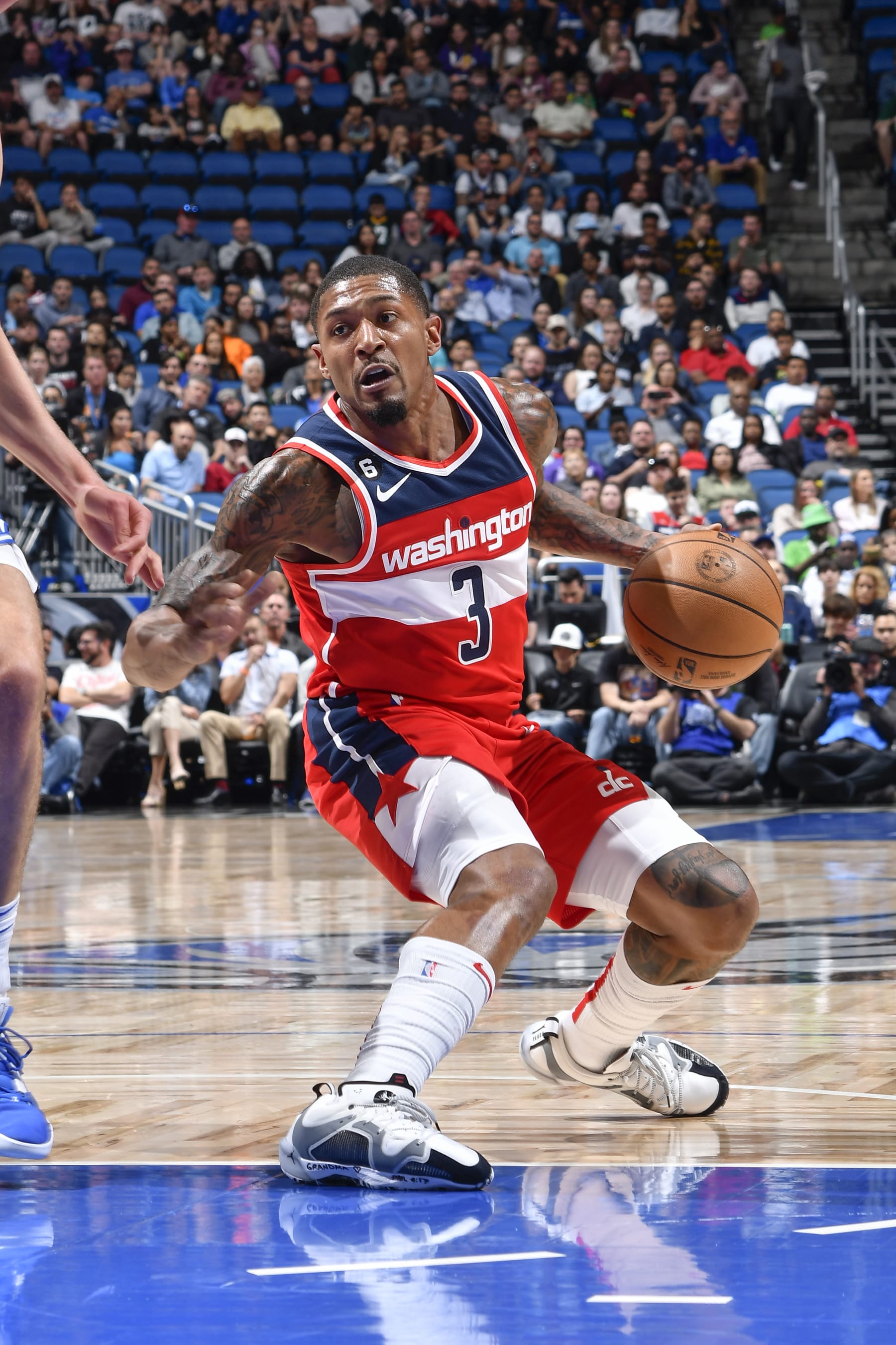 ORLANDO, FL - MARCH 21: Bradley Beal #3 of the Washington Wizards goes to the basket during the game on March 21, 2023 at Amway Center in Orlando, Florida. NOTE TO USER: User expressly acknowledges and agrees that, by downloading and or using this photograph, User is consenting to the terms and conditions of the Getty Images License Agreement. Mandatory Copyright Notice: Copyright 2023 NBAE (Photo by Fernando Medina/NBAE via Getty Images)