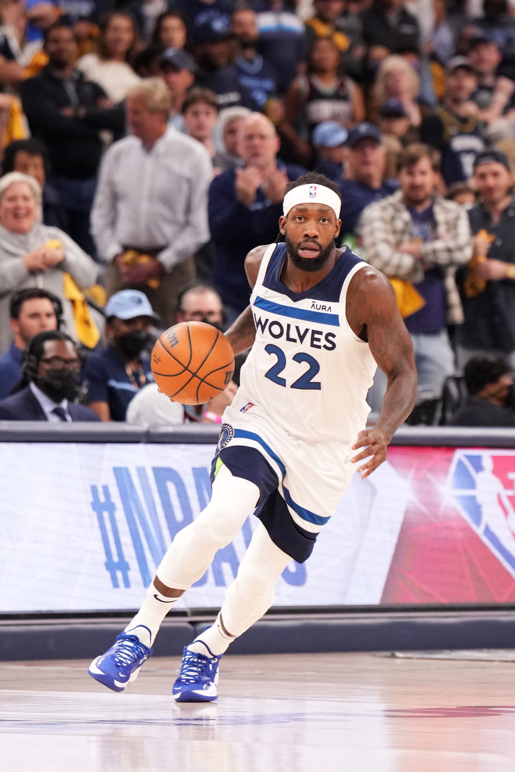 MEMPHIS, TN - APRIL 26: Patrick Beverley #22 of the Minnesota Timberwolves handles the ball against the Memphis Grizzlies during Round 1 Game 5 on April 26, 2022 at FedExForum in Memphis, Tennessee. NOTE TO USER: User expressly acknowledges and agrees that, by downloading and/or using this Photograph, user is consenting to the terms and conditions of the Getty Images License Agreement. Mandatory Copyright Notice: Copyright 2022 NBAE (Photo by Jesse D. Garrabrant/NBAE via Getty Images)