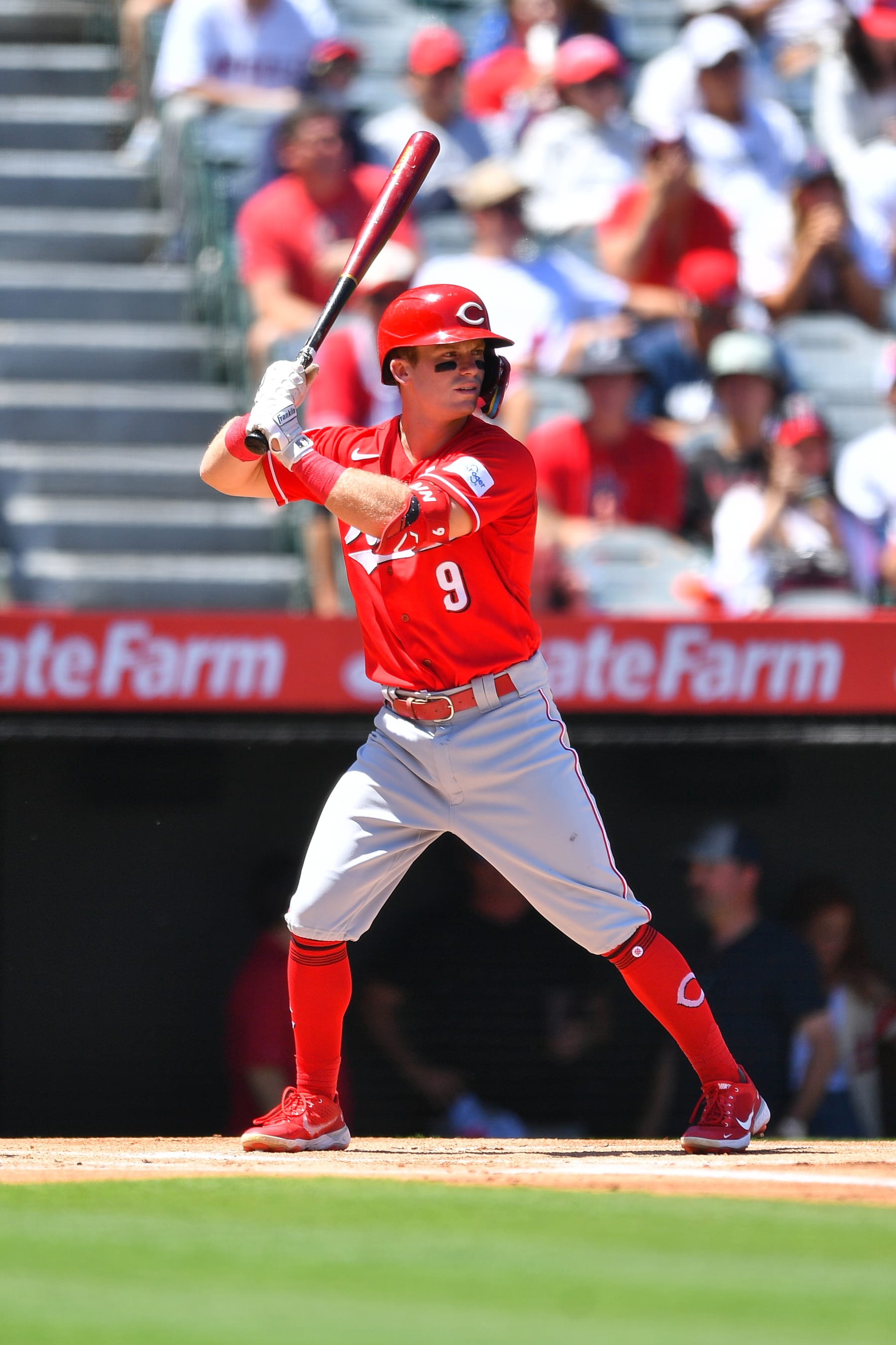 ANAHEIM, CA - AUGUST 23: Cincinnati Reds second baseman Matt McLain (9) at bat during the MLB game 1 of a doubleheader between the Cincinnati Reds and the Los Angeles Angels of Anaheim on August 23, 2023 at Angel Stadium of Anaheim in Anaheim, CA. (Photo by Brian Rothmuller/Icon Sportswire via Getty Images)