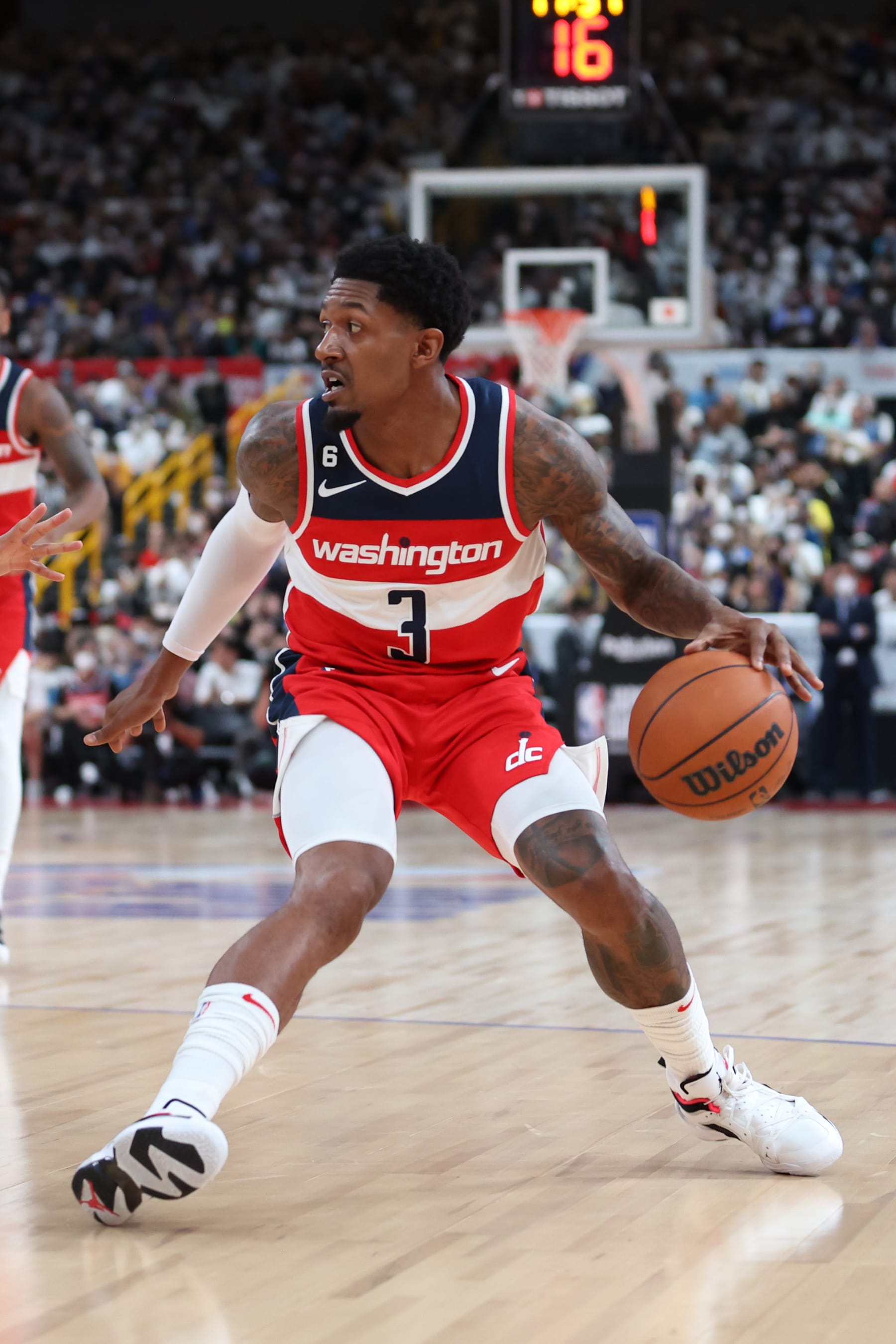 SAITAMA, JAPAN - SEPTEMBER 30: Bradley Beal #3 of the Washington Wizards dribbles the ball during the game against the Golden State Warriors as part of the 2022 NBA Japan Games on September 30, 2022 at Saitama Super Arena in Saitama, Japan . NOTE TO USER: User expressly acknowledges and agrees that, by downloading and or using this Photograph, user is consenting to the terms and conditions of the Getty Images License Agreement. Mandatory Copyright Notice: Copyright 2022 NBAE (Photo by Stephen Gosling/NBAE via Getty Images)