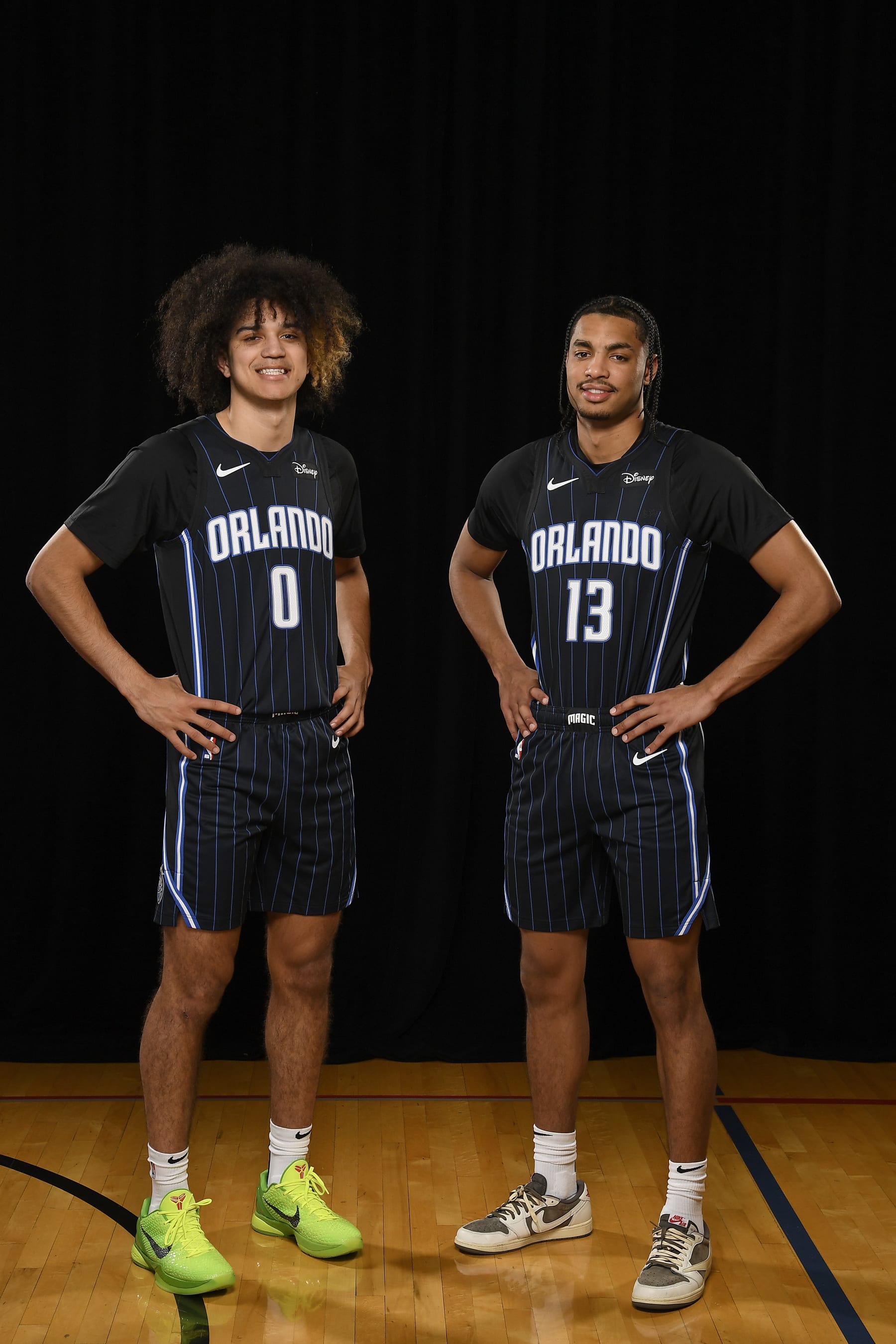 LAS VEGAS, NV - JULY14: Anthony Black #0 and Jett Howard #13 of the Orlando Magic pose for a portrait during the 2023 NBA Rookie Photo Shoot on July 14, 2023 at the University of Nevada, Las Vegas campus in Las Vegas, Nevada. NOTE TO USER: User expressly acknowledges and agrees that, by downloading and/or using this Photograph, user is consenting to the terms and conditions of the Getty Images License Agreement. Mandatory Copyright Notice: Copyright 2023 NBAE (Photo by Brian Babineau/NBAE via Getty Images)