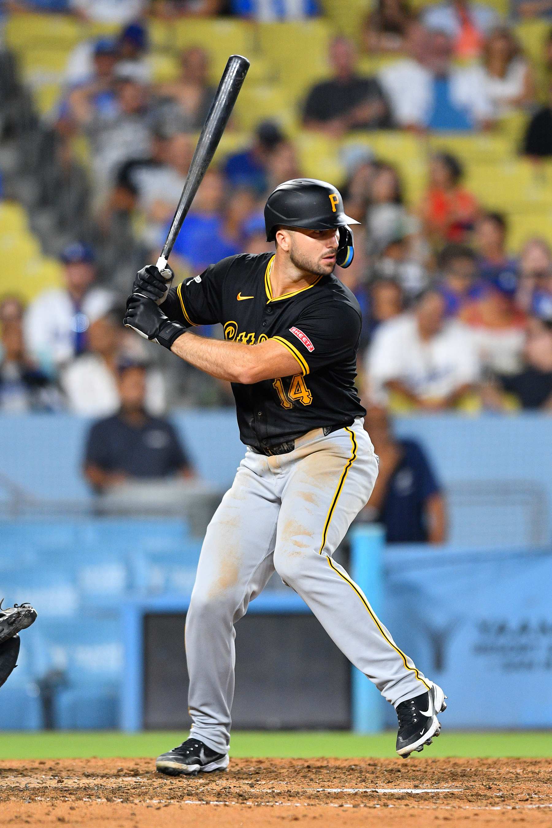 LOS ANGELES, CA - AUGUST 10: Pittsburgh Pirates designated hitter Joey Bart (14) at bat during the MLB game between the Pittsburgh Pirates and the Los Angeles Dodgers on August 10, 2024 at Dodger Stadium in Los Angeles, CA. (Photo by Brian Rothmuller/Icon Sportswire via Getty Images)