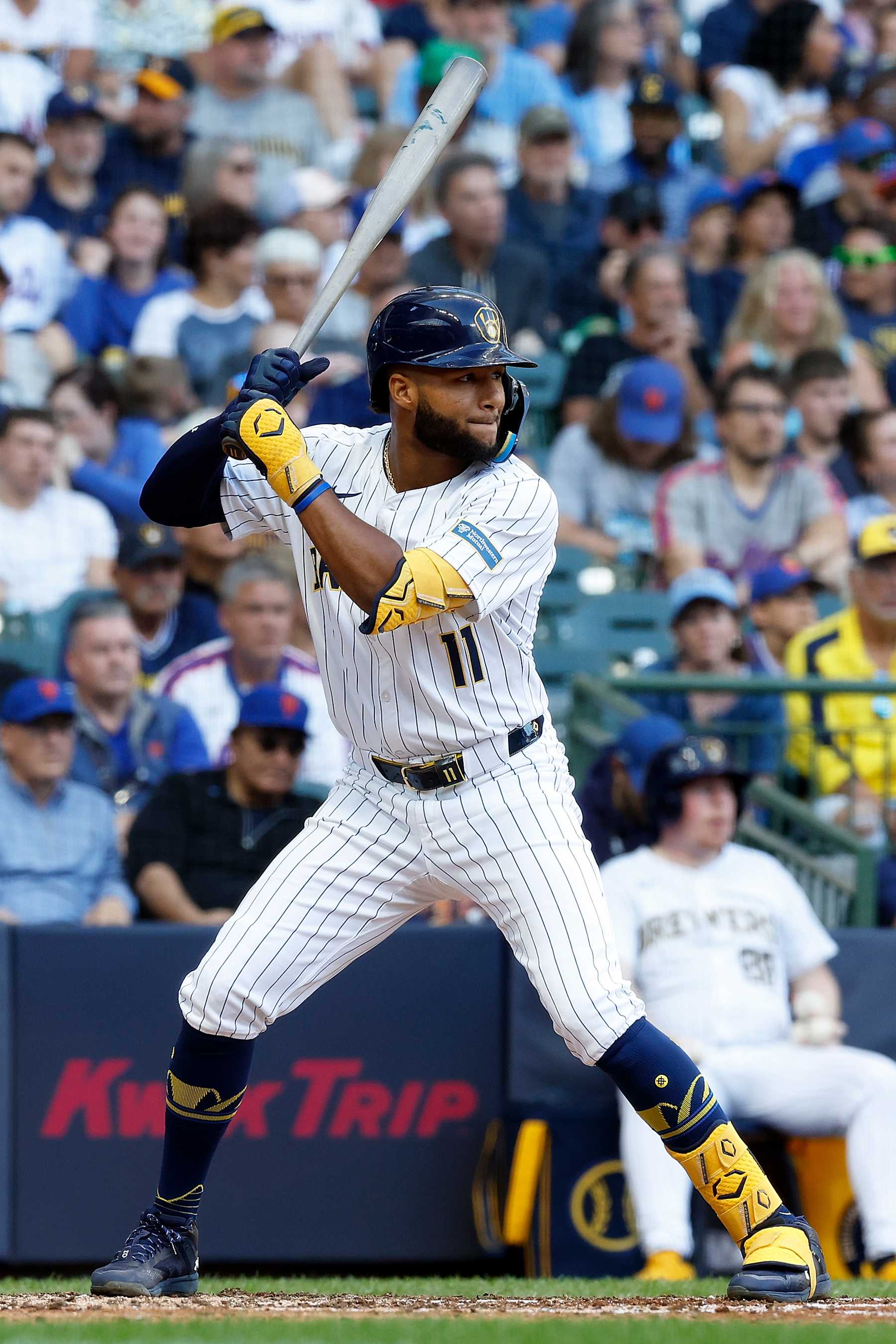 MILWAUKEE, WISCONSIN - SEPTEMBER 29: Jackson Chourio #11 of the Milwaukee Brewers up to bat against the New York Mets at American Family Field on September 29, 2024 in Milwaukee, Wisconsin. (Photo by John Fisher/Getty Images)