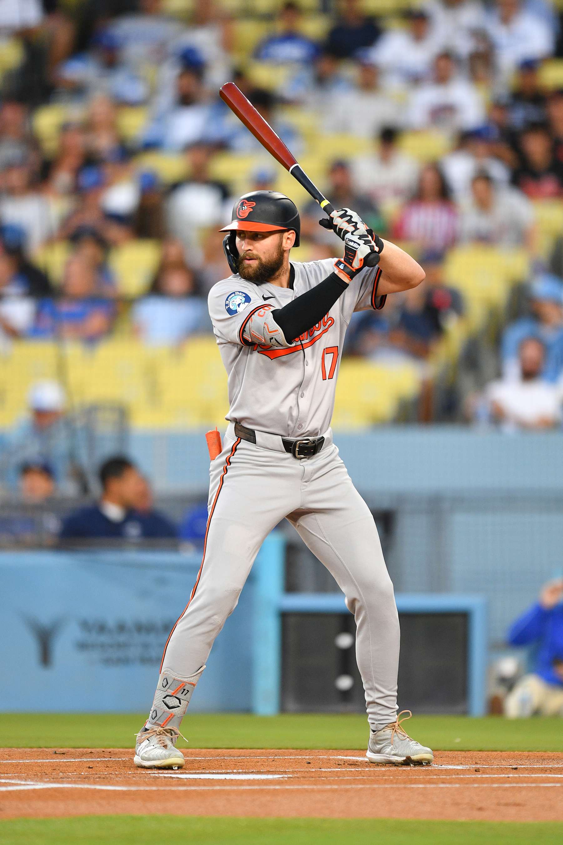 LOS ANGELES, CA - AUGUST 27: Baltimore Orioles left fielder Colton Cowser (17) at bat during the MLB game between the Baltimore Orioles and the Los Angeles Dodgers on August 27, 2024 at Dodger Stadium in Los Angeles, CA. (Photo by Brian Rothmuller/Icon Sportswire via Getty Images)