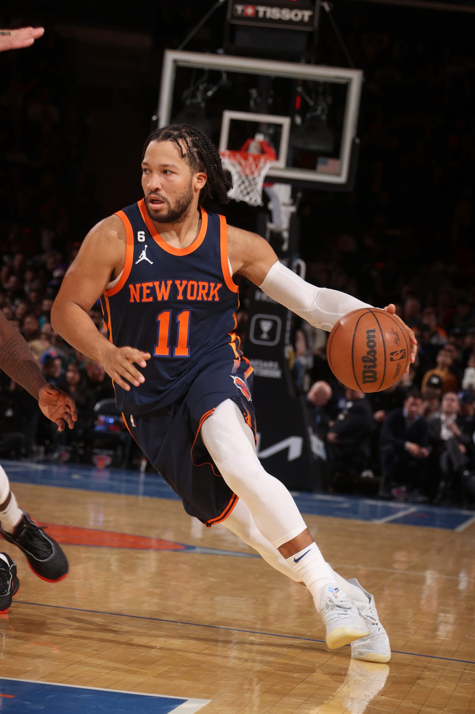 NEW YORK, NY - JANUARY 9: Jalen Brunson #11 of the New York Knicks dribbles the ball during the game against the Milwaukee Bucks on January 9, 2023 at Madison Square Garden in New York City, New York.  NOTE TO USER: User expressly acknowledges and agrees that, by downloading and or using this photograph, User is consenting to the terms and conditions of the Getty Images License Agreement. Mandatory Copyright Notice: Copyright 2023 NBAE  (Photo by Nathaniel S. Butler/NBAE via Getty Images)