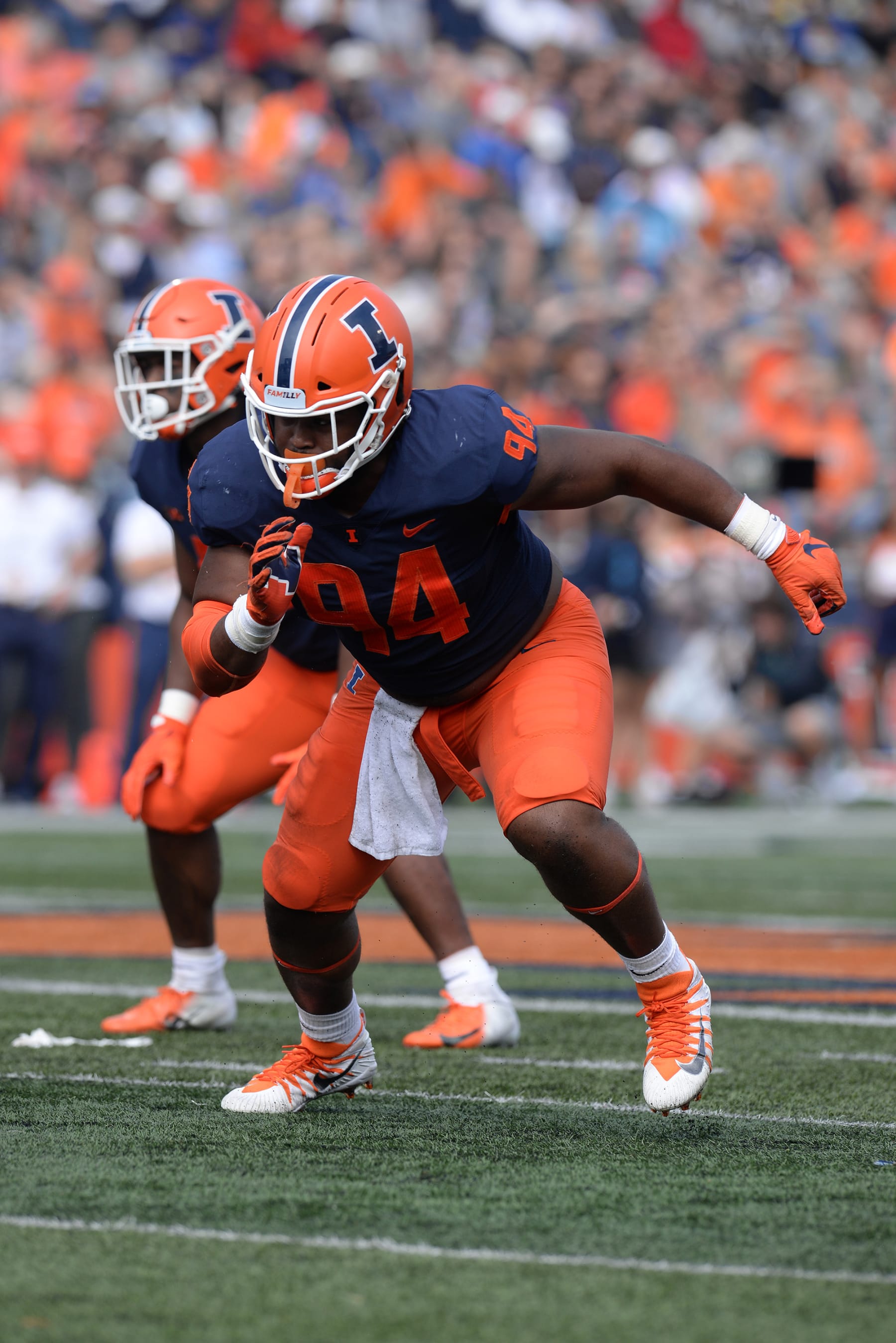 CHAMPAIGN, IL - OCTOBER 02: Illinois Fighting Illini defensive lineman Jer'Zhan Newton (94) reacts as the ball is snapped during the college football game between the Charlotte 49ers and the Illinois Fighting Illini on October 2, 2021, at Memorial Stadium in Champaign, Illinois. (Photo by Michael Allio/Icon Sportswire via Getty Images)