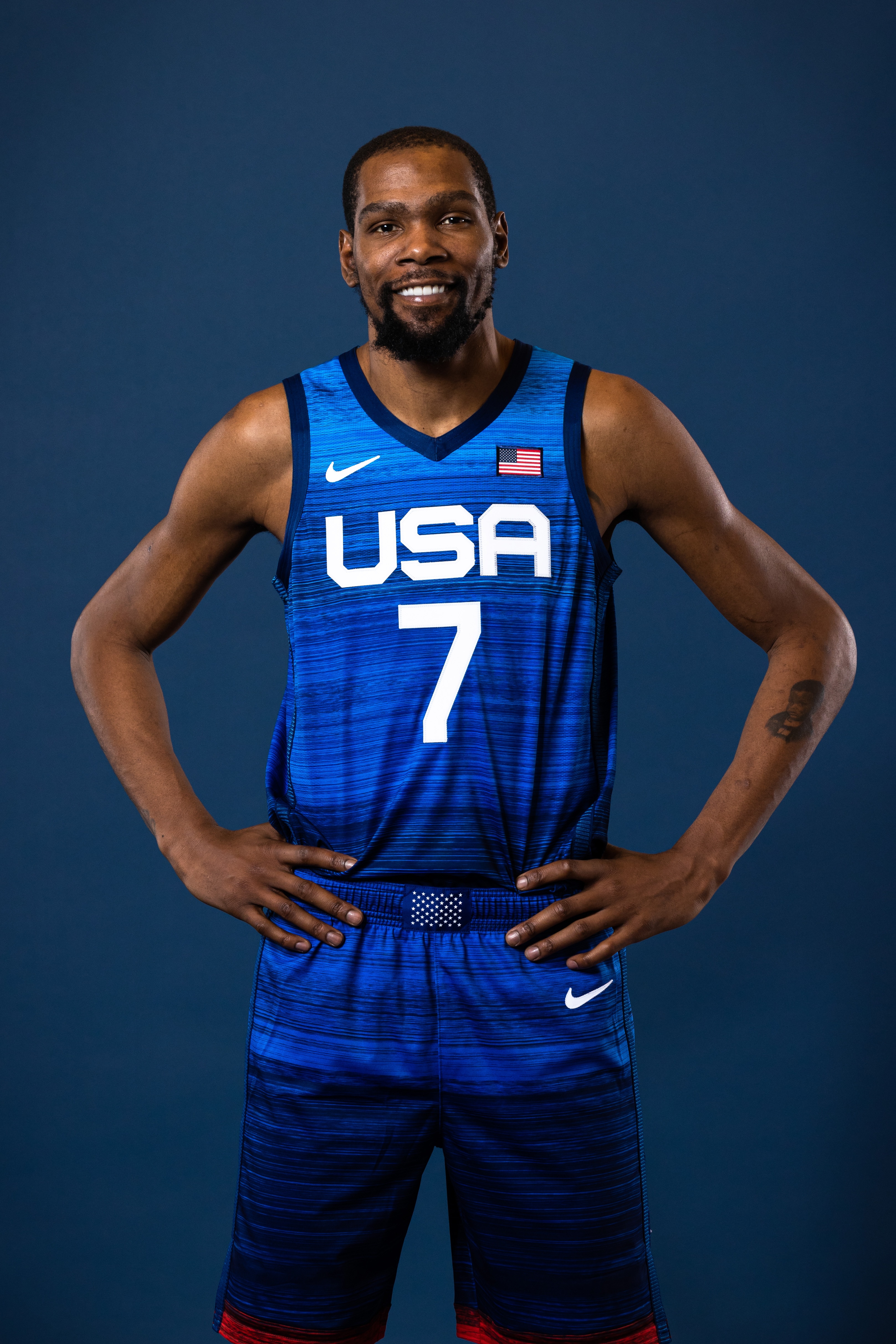 LAS VEGAS, NV -  JULY 7: Kevin Durant #7 of Team USA poses for a portrait at the ARIA Resort & Casino on July 7, 2021 in Las Vegas, Nevada. NOTE TO USER: User expressly acknowledges and agrees that, by downloading and or using this Photograph, user is consenting to the terms and conditions of the Getty Images License Agreement. Mandatory Copyright Notice: Copyright 2020 NBAE (Photo by Stephen Gosling/NBAE via Getty Images)