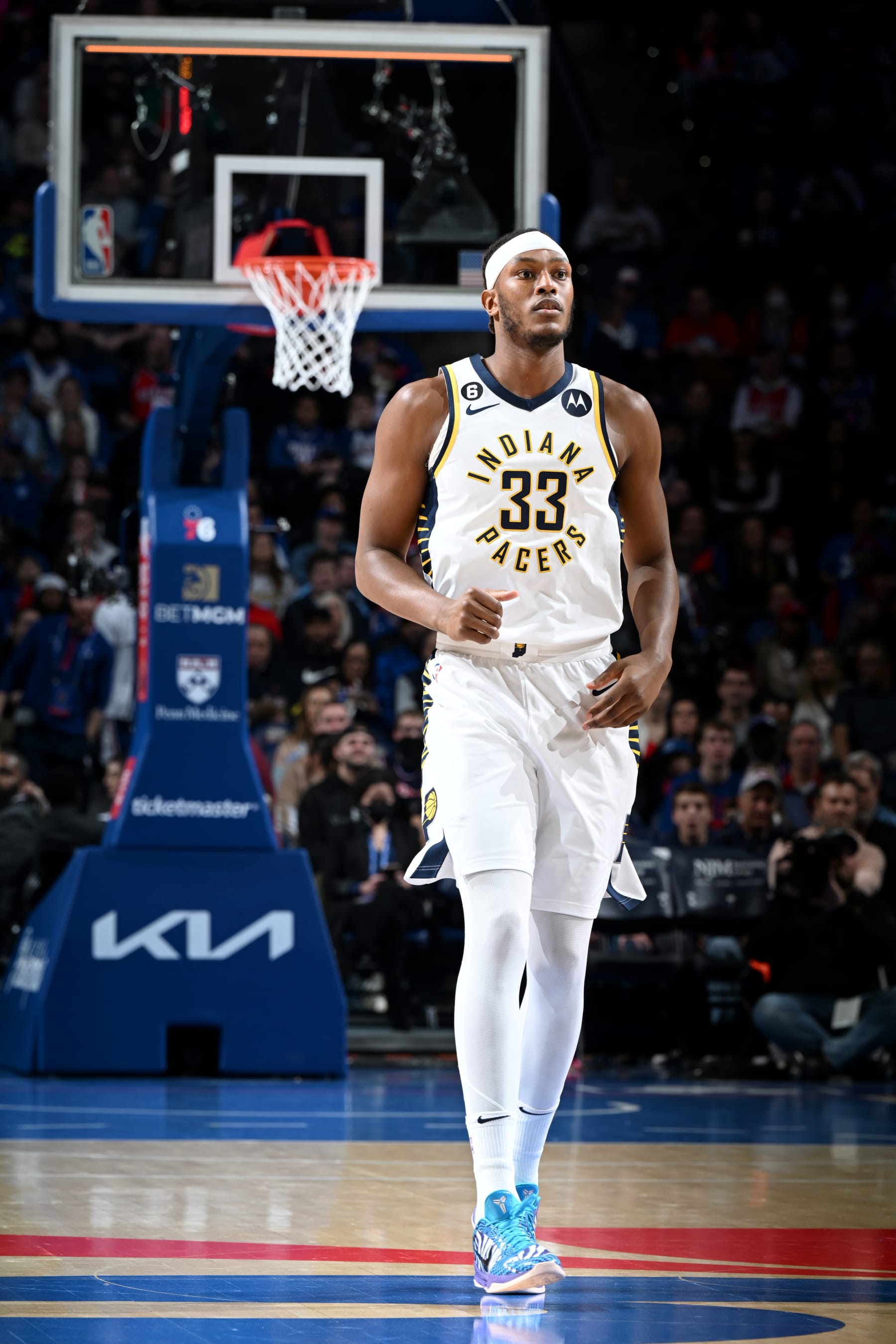 PHILADELPHIA, PA - JANUARY 4: Myles Turner #33 of the Indiana Pacers looks on during the game against the Philadelphia 76ers on January 4, 2023 at the Wells Fargo Center in Philadelphia, Pennsylvania NOTE TO USER: User expressly acknowledges and agrees that, by downloading and/or using this Photograph, user is consenting to the terms and conditions of the Getty Images License Agreement. Mandatory Copyright Notice: Copyright 2023 NBAE (Photo by David Dow/NBAE via Getty Images)