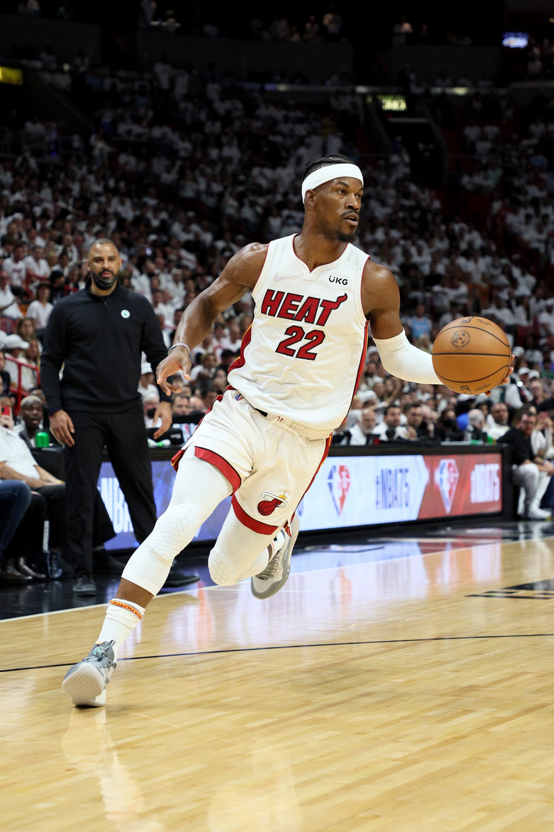 MIAMI, FLORIDA - MAY 29: Jimmy Butler #22 of the Miami Heat dribbles against the Boston Celtics during the first quarter in Game Seven of the 2022 NBA Playoffs Eastern Conference Finals at FTX Arena on May 29, 2022 in Miami, Florida. NOTE TO USER: User expressly acknowledges and agrees that, by downloading and/or using this photograph, User is consenting to the terms and conditions of the Getty Images License Agreement. (Photo by Andy Lyons/Getty Images)