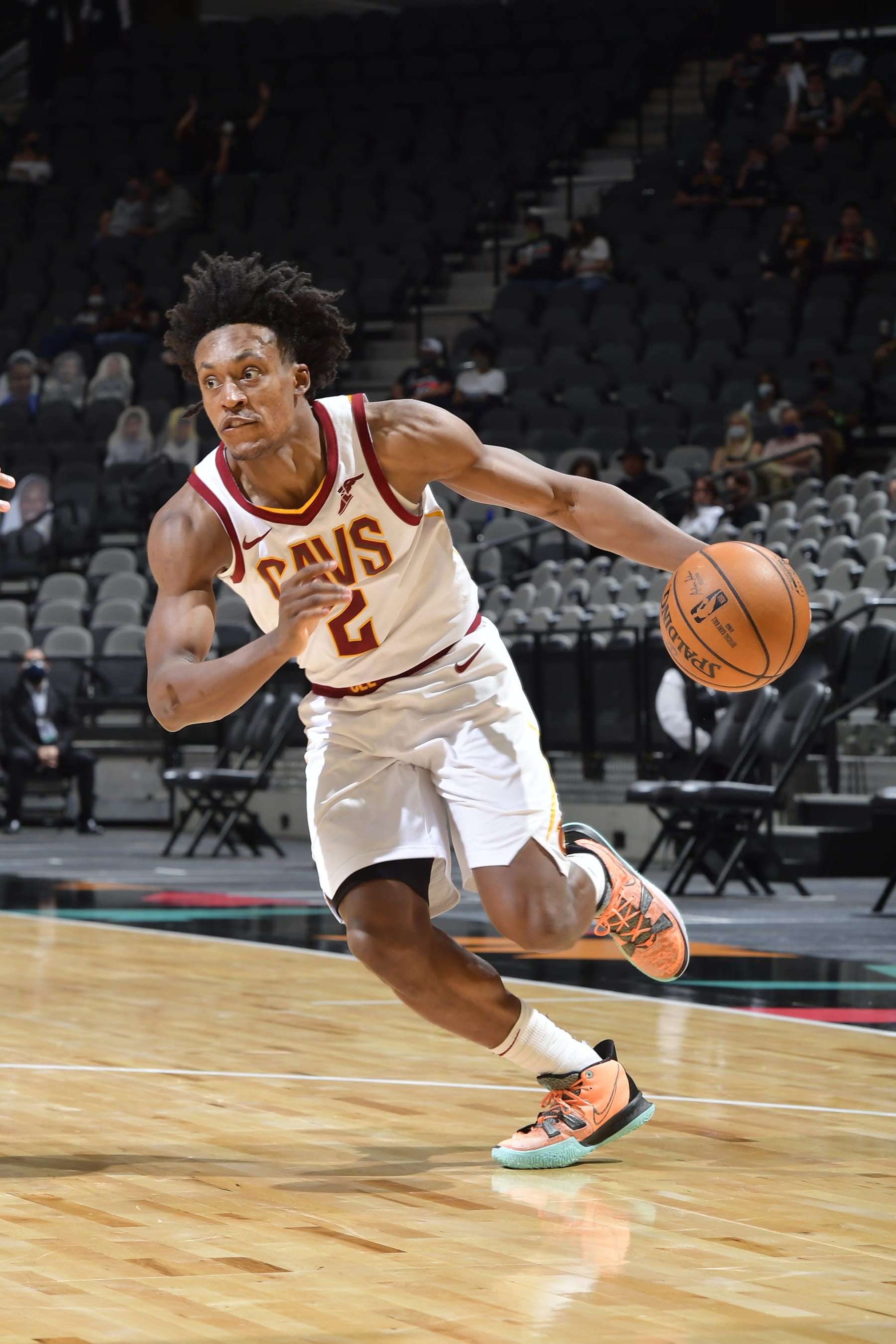 SAN ANTONIO, TX - APRIL 5: Collin Sexton #2 of the Cleveland Cavaliers handles the ball against the San Antonio Spurs on April 5, 2021 at the AT&T Center in San Antonio, Texas. NOTE TO USER: User expressly acknowledges and agrees that, by downloading and or using this photograph, user is consenting to the terms and conditions of the Getty Images License Agreement. Mandatory Copyright Notice: Copyright 2021 NBAE (Photos by Logan Riely/NBAE via Getty Images)