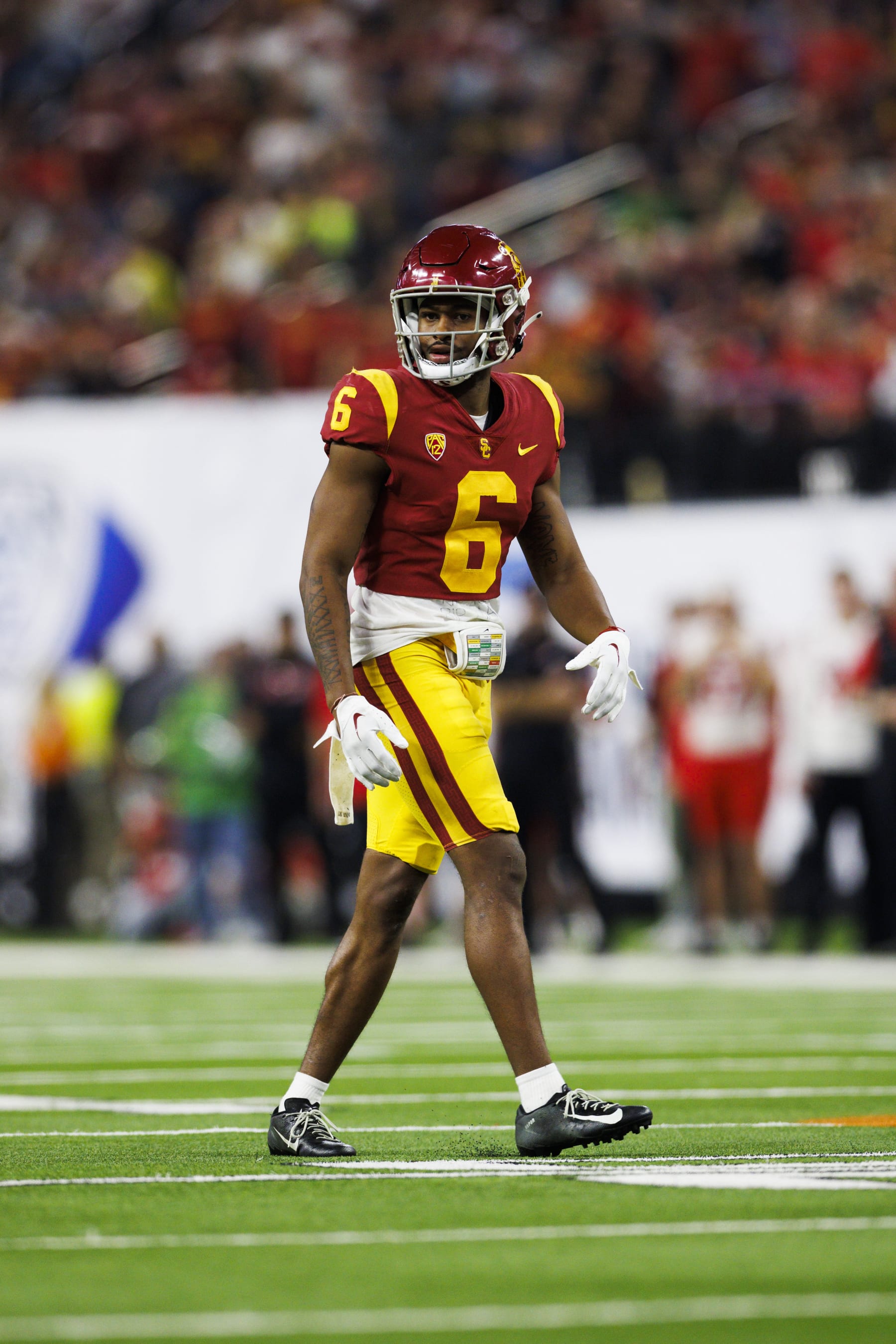 LAS VEGAS, NV - DECEMBER 02: USC Trojans defensive back Mekhi Blackmon (6) defends during the Pac-12 Championship football game between Utah Utes and USC Trojans on December 2, 2022 at Allegiant Stadium in Las Vegas, NV. (Photo by Ric Tapia/Icon Sportswire via Getty Images)