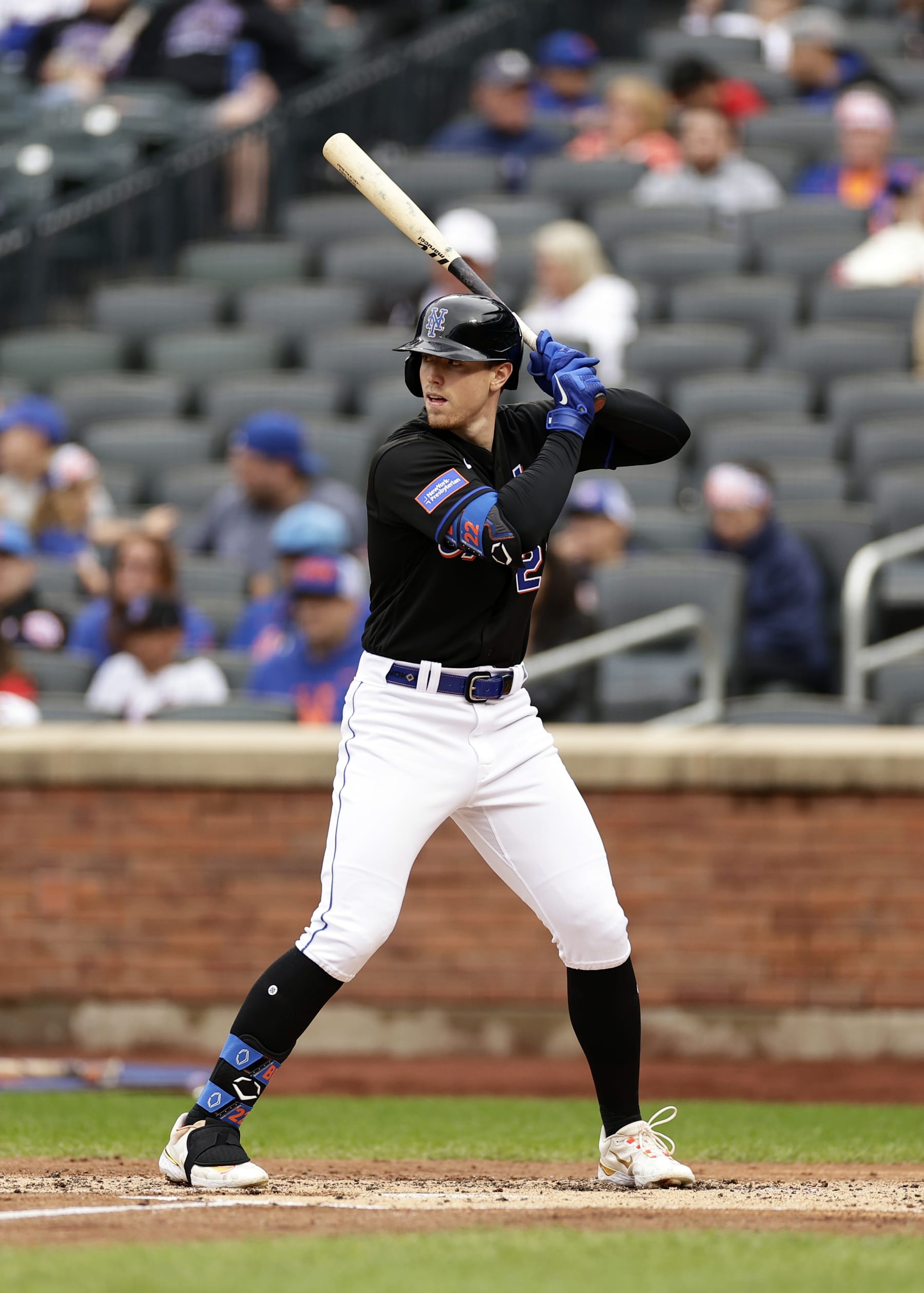 NEW YORK, NY - SEPTEMBER 30: Brett Baty #22 of the New York Mets in action against the Philadelphia Phillies during the first inning of the first game of a doubleheader at Citi Field on September 30, 2023 in New York City. (Photo by Adam Hunger/Getty Images)