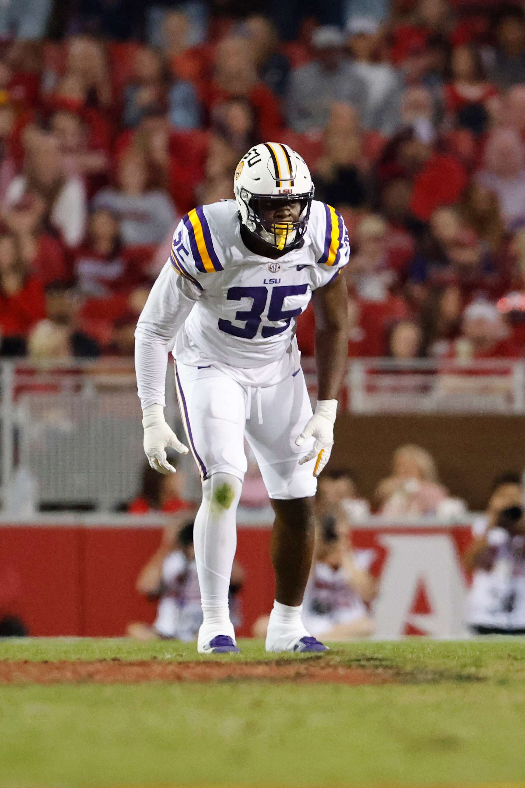 FAYETTEVILLE, AR - OCTOBER 19:  LSU Tigers defensive end Sai'vion Jones (35) during the college football game between the LSU Tigers and Arkansas Razorbacks on October 19, 2024, at Donald W. Reynolds Razorback Stadium in Fayetteville, Arkansas. (Photo by Andy Altenburger/Icon Sportswire via Getty Images)