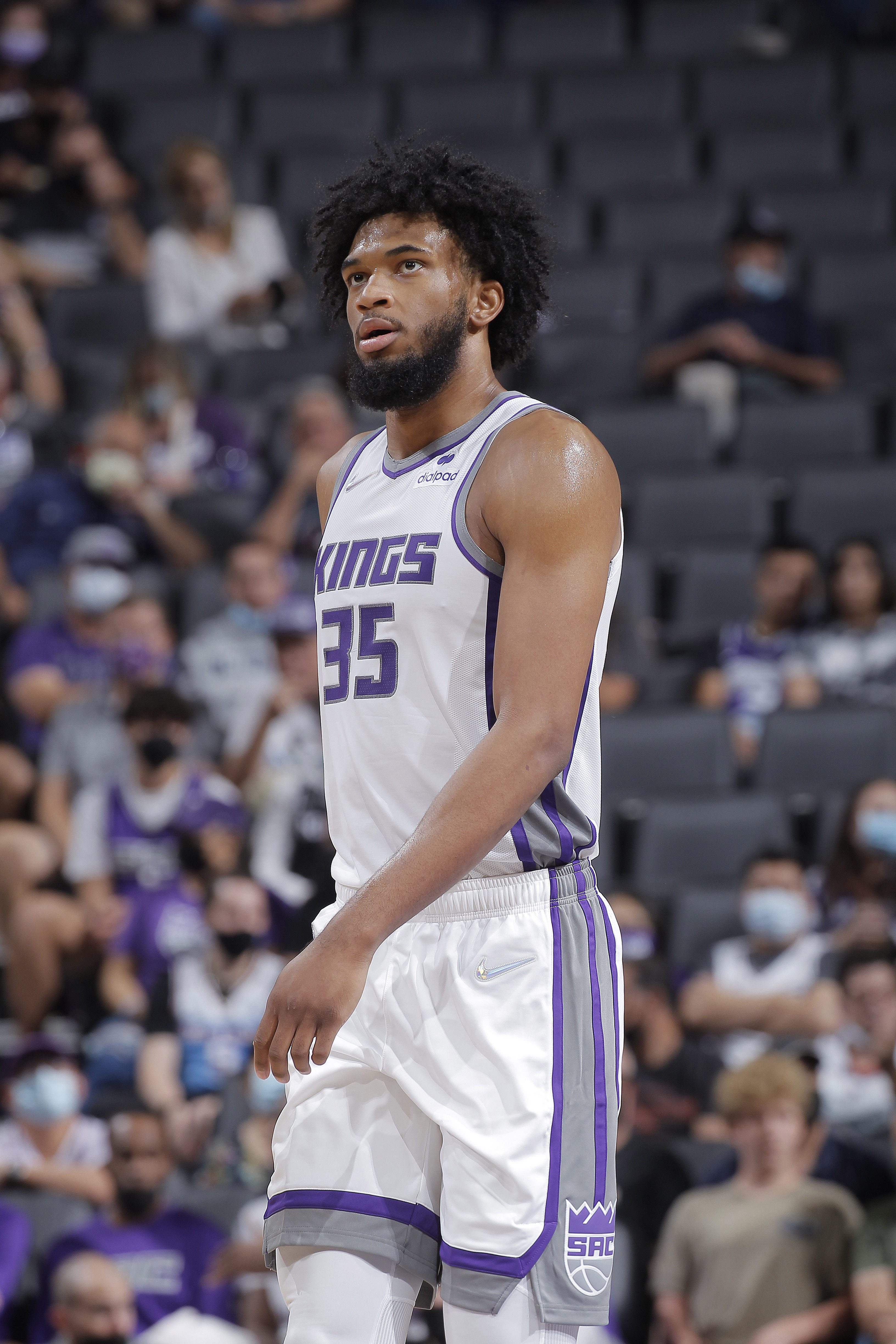 SACRAMENTO, CA - OCTOBER 4: Marvin Bagley III #35 of the Sacramento Kings looks on during the game against the Phoenix Suns on October 4, 2021 at Golden 1 Center in Sacramento, California. NOTE TO USER: User expressly acknowledges and agrees that, by downloading and or using this photograph, User is consenting to the terms and conditions of the Getty Images Agreement. Mandatory Copyright Notice: Copyright 2021 NBAE (Photo by Rocky Widner/NBAE via Getty Images)