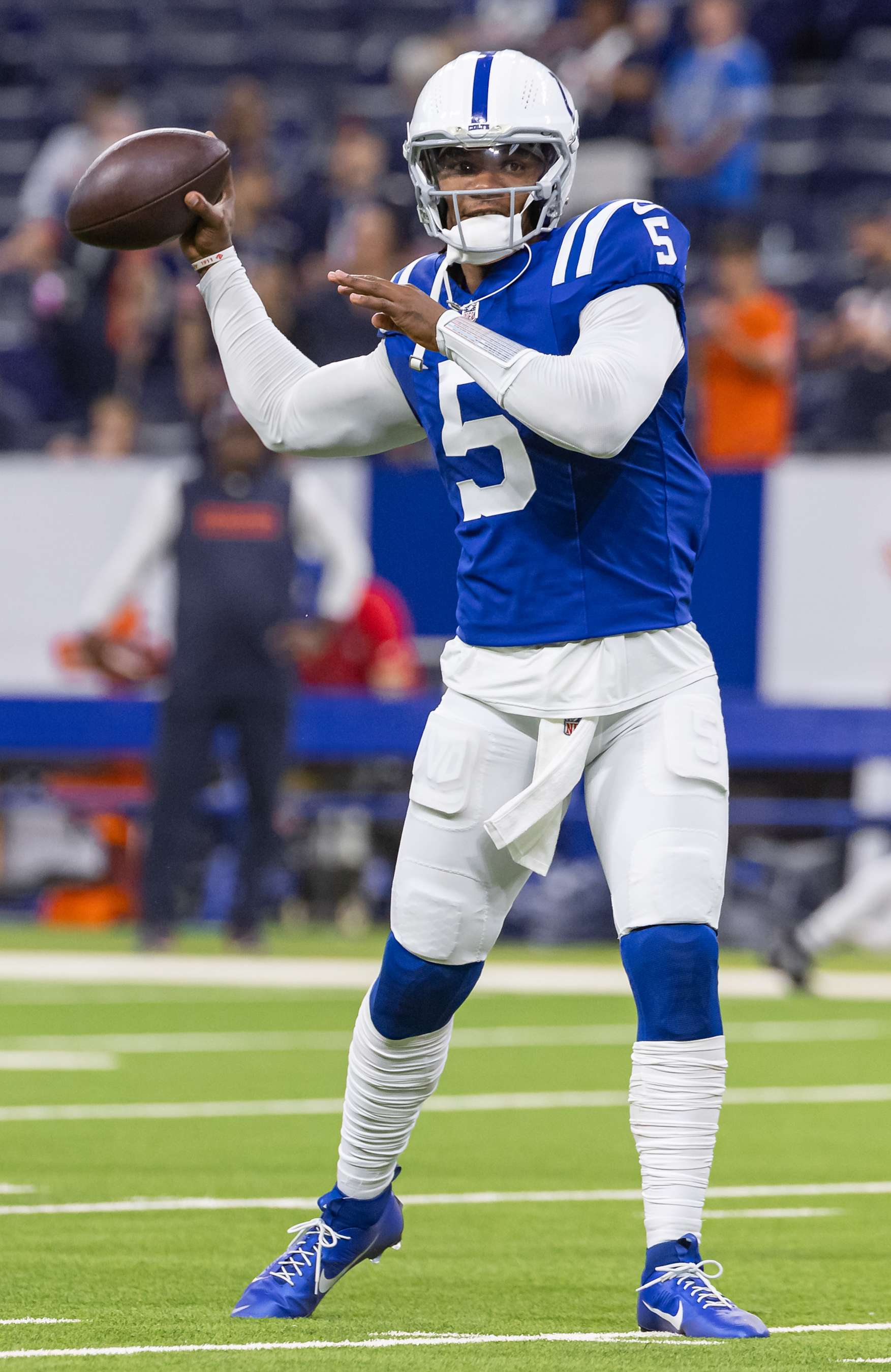 INDIANAPOLIS, INDIANA - SEPTEMBER 22: Anthony Richardson #5 of the Indianapolis Colts is seen before the game against the Chicago Bears at Lucas Oil Stadium on September 22, 2024 in Indianapolis, Indiana. (Photo by Michael Hickey/Getty Images)