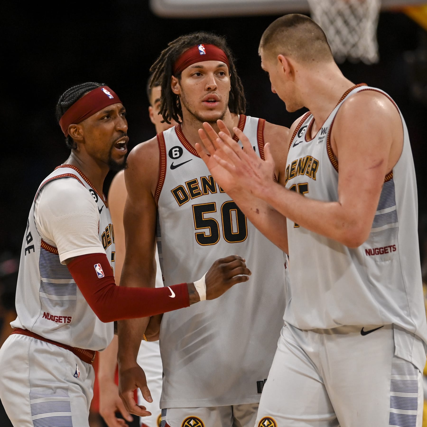 LOS ANGELES, CA - MAY 22: Nikola Jokic (15) of the Denver Nuggets works with Kentavious Caldwell-Pope (5) and Aaron Gordon (50) of the Denver Nuggets during the fourth quarter of the Nuggets' 113-111 Western Conference finals game 4 win over the Los Angeles Lakers at Crypto.com Arena in Los Angeles on Monday, May 22, 2023. The Nuggets swept the best-of-seven series 4-0 to advance to their first NBA Finals in franchise history. (Photo by AAron Ontiveroz/The Denver Post)