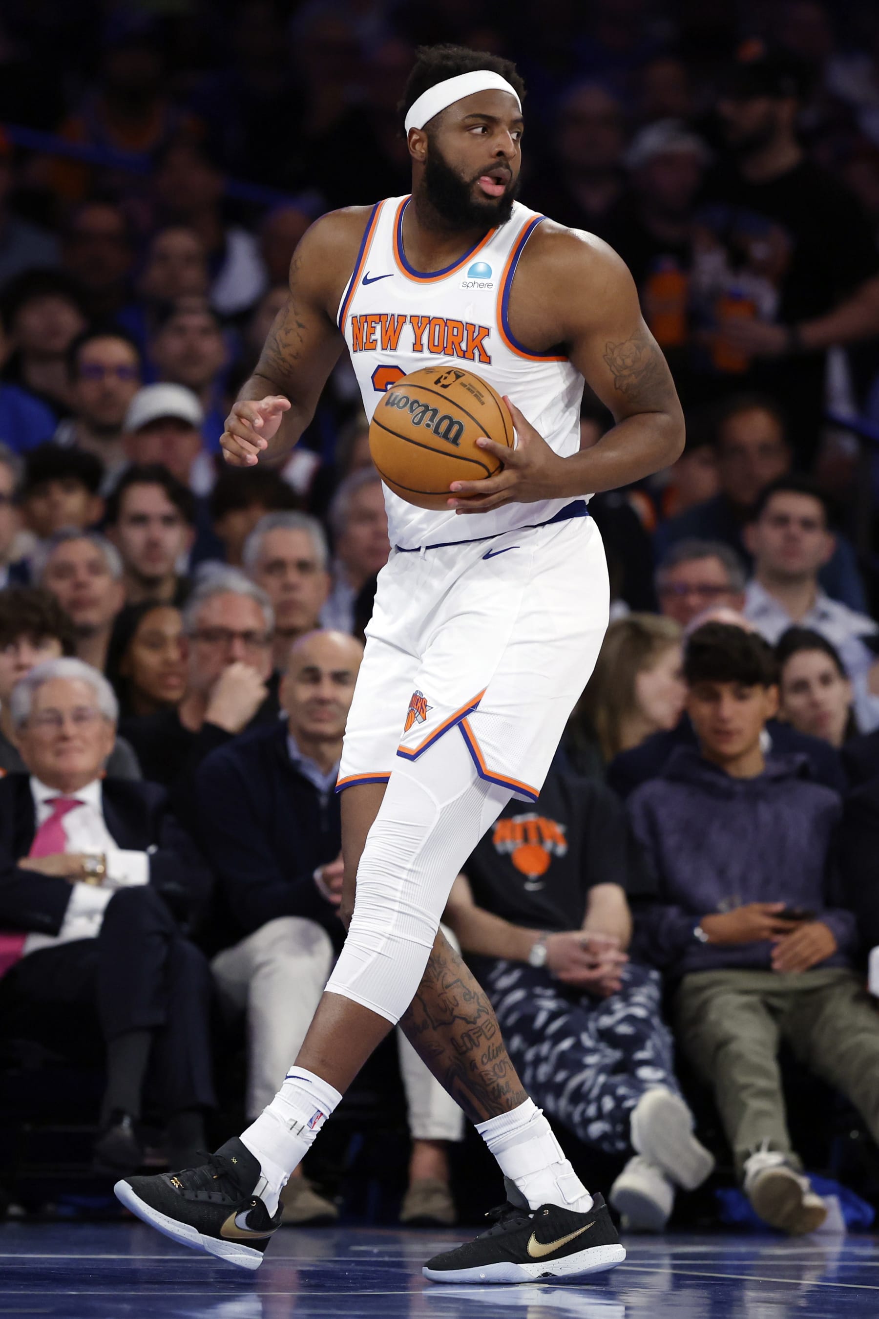 NEW YORK, NEW YORK - MAY 06: Mitchell Robinson #23 of the New York Knicks dribbles against the Indiana Pacers during Game One of the Eastern Conference Second Round Playoffs at Madison Square Garden on May 06, 2024 in New York City. NOTE TO USER: User expressly acknowledges and agrees that, by downloading and or using this photograph, User is consenting to the terms and conditions of the Getty Images License Agreement.  (Photo by Sarah Stier/Getty Images)