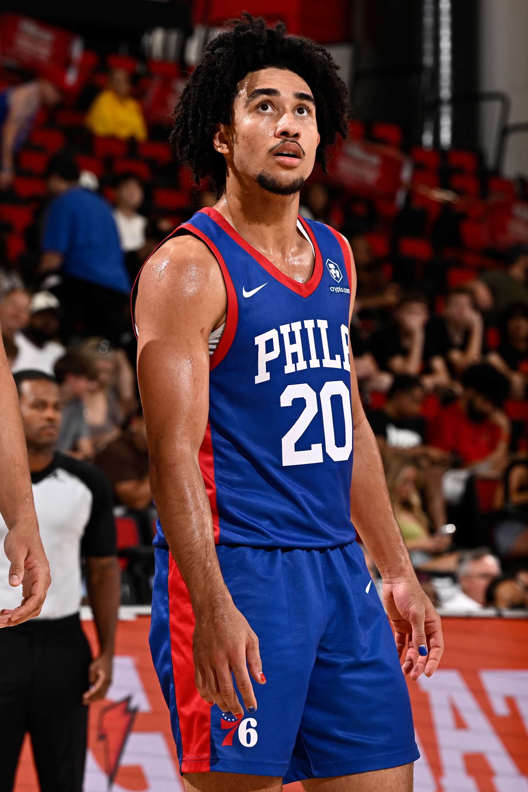 LAS VEGAS, NV - JULY 21: Jared McCain #20 of the Philadelphia 76ers looks on during the game against the Boston Celtics on July 21, 2024 at the Cox Pavilion in Las Vegas, Nevada. NOTE TO USER: User expressly acknowledges and agrees that, by downloading and or using this photograph, User is consenting to the terms and conditions of the Getty Images License Agreement. Mandatory Copyright Notice: Copyright 2024 NBAE (Photo by David Dow/NBAE via Getty Images)