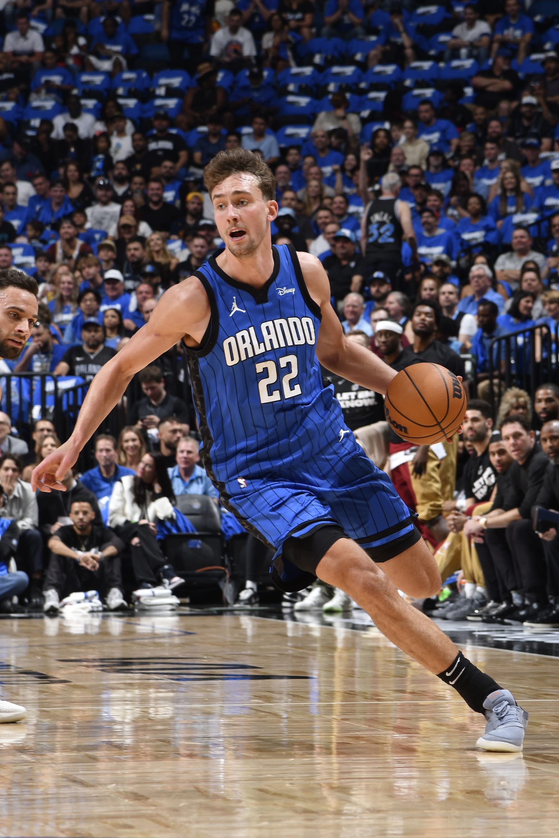 ORLANDO, FL - MAY 3: Franz Wagner #22 of the Orlando Magic dribbles the ball during the game against the Cleveland Cavaliers during Round 1 Game 6 of the 2024 NBA Playoffs on May 3, 2024 at Amway Center in Orlando, Florida. NOTE TO USER: User expressly acknowledges and agrees that, by downloading and or using this photograph, User is consenting to the terms and conditions of the Getty Images License Agreement. Mandatory Copyright Notice: Copyright 2024 NBAE (Photo by Fernando Medina/NBAE via Getty Images)