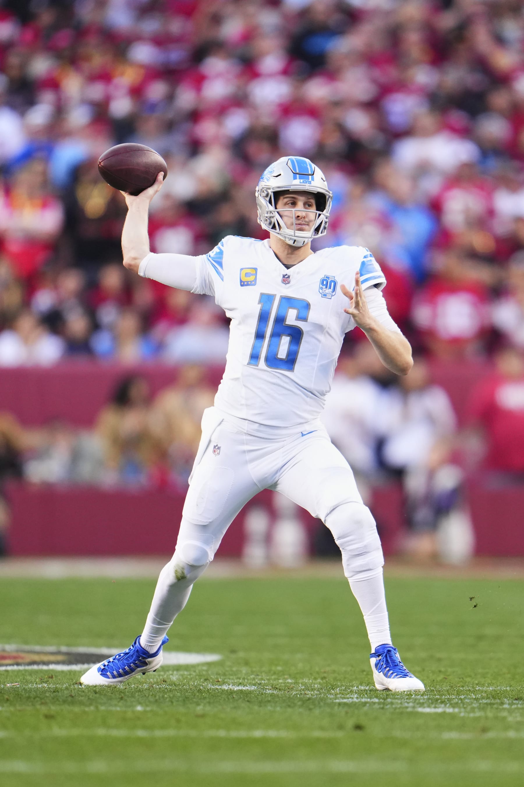 SANTA CLARA, CA - JANUARY 28: Jared Goff #16 of the Detroit Lions drops back to pass against the San Francisco 49ers during the first half of the NFC Championship football game at Levi's Stadium on January 28, 2024 in Santa Clara, California. (Photo by Cooper Neill/Getty Images)