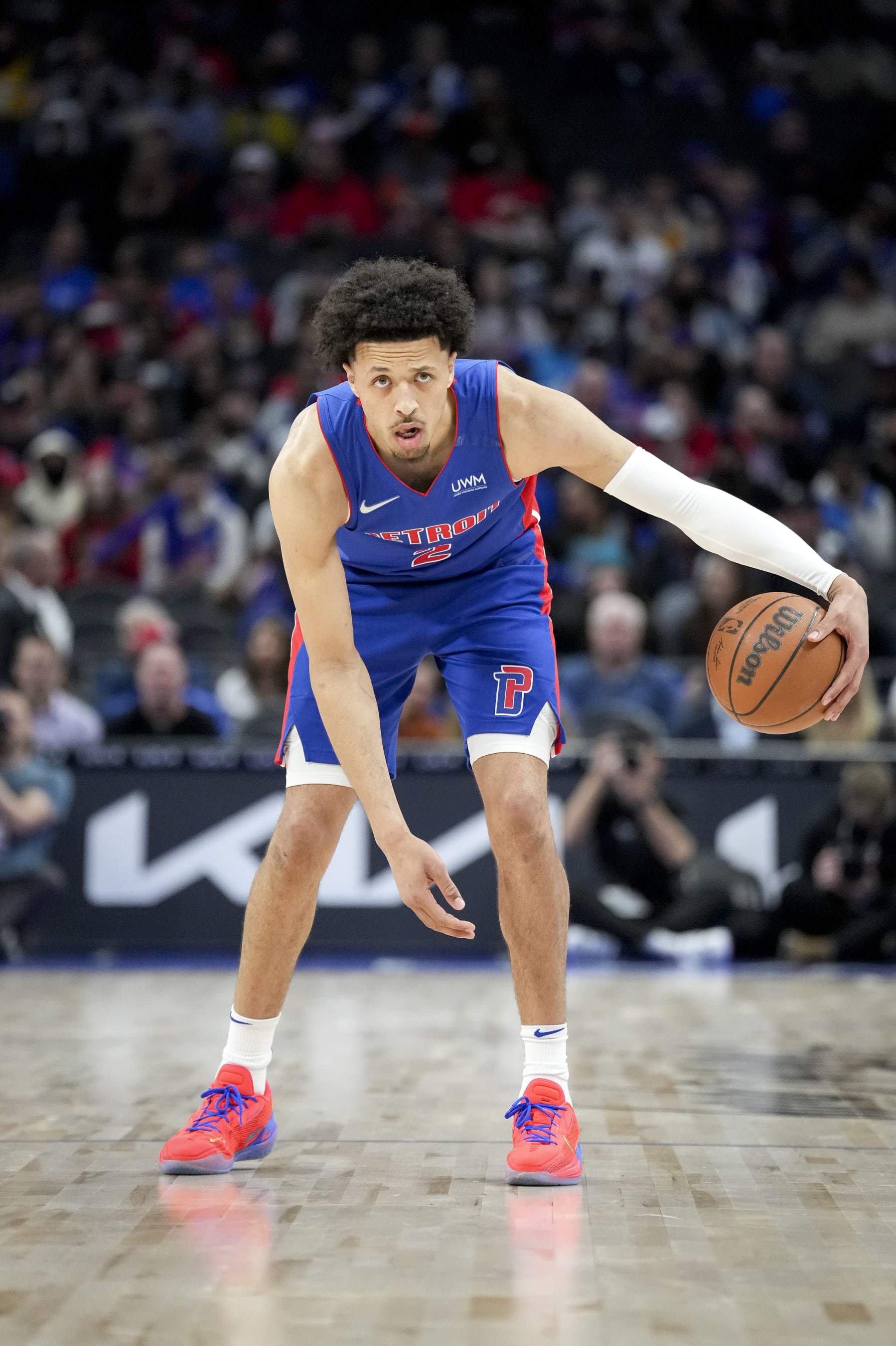 DETROIT, MICHIGAN - APRIL 08: Cade Cunningham #2 of the Detroit Pistons handles the ball against the Milwaukee Bucks during the first quarter at Little Caesars Arena on April 08, 2022 in Detroit, Michigan. NOTE TO USER: User expressly acknowledges and agrees that, by downloading and or using this photograph, User is consenting to the terms and conditions of the Getty Images License Agreement. (Photo by Nic Antaya/Getty Images)