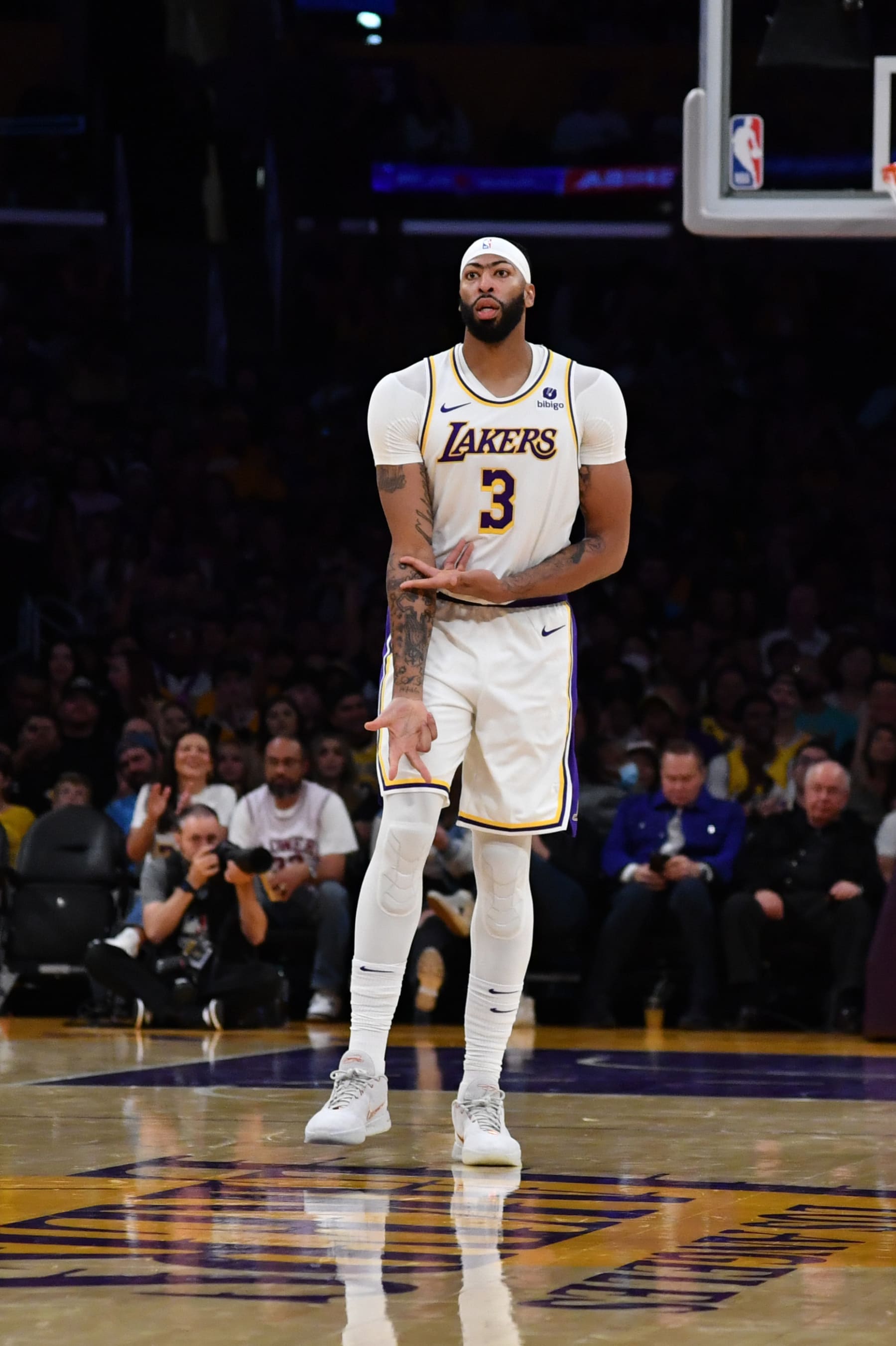 LOS ANGELES, CA - OCTOBER 15: Anthony Davis #3 of the Los Angeles Lakers celebrates a three point basket during the preseason game on October 15, 2023 at Crypto.Com Arena in Los Angeles, California. NOTE TO USER: User expressly acknowledges and agrees that, by downloading and/or using this Photograph, user is consenting to the terms and conditions of the Getty Images License Agreement. Mandatory Copyright Notice: Copyright 2023 NBAE (Photo by Juan Ocampo/NBAE via Getty Images)