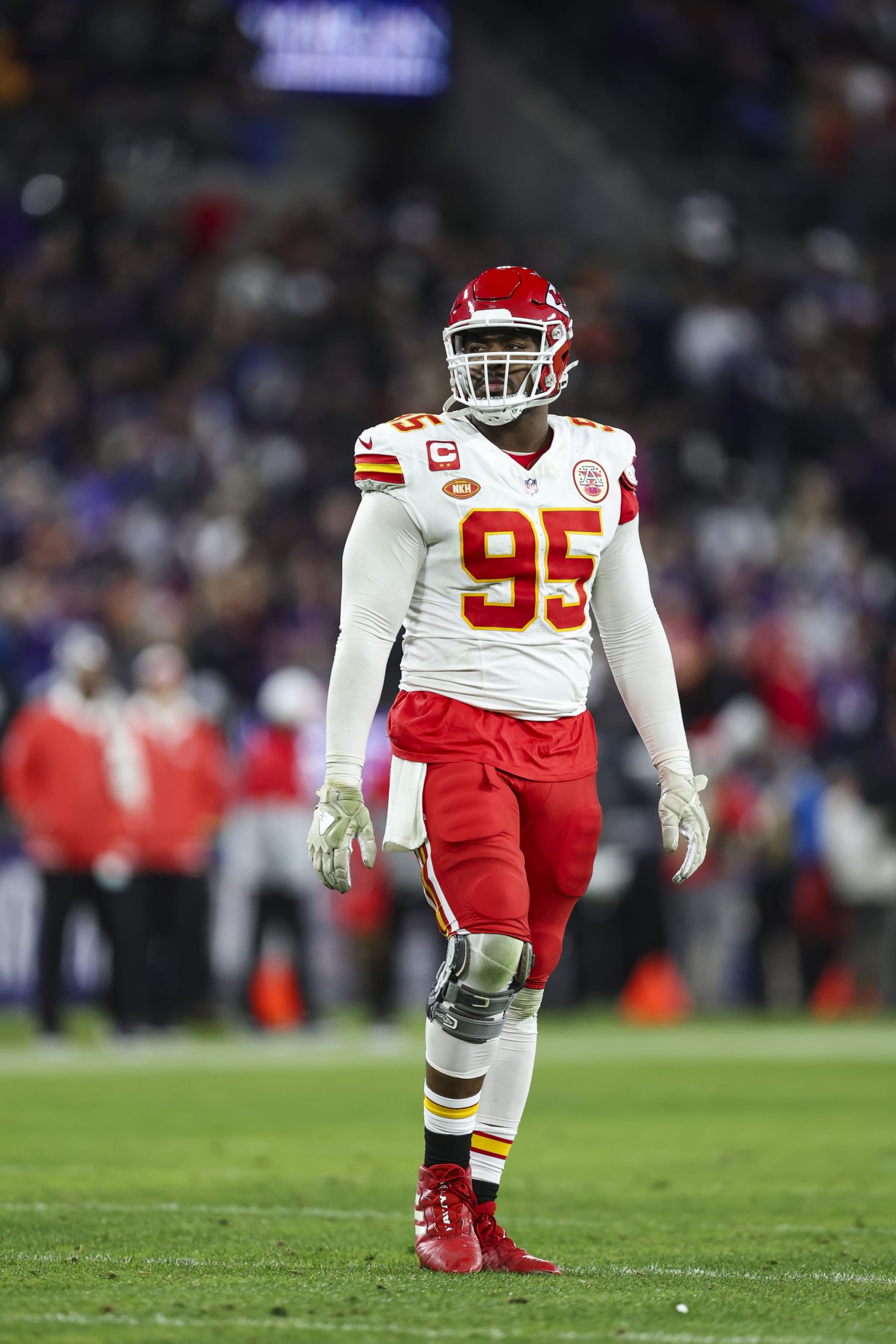 BALTIMORE, MD - JANUARY 28: Chris Jones #95 of the Kansas City Chiefs looks on from the field during the AFC Championship NFL football game against the Baltimore Ravens at M&T Bank Stadium on January 28, 2024 in Baltimore, Maryland. (Photo by Perry Knotts/Getty Images)