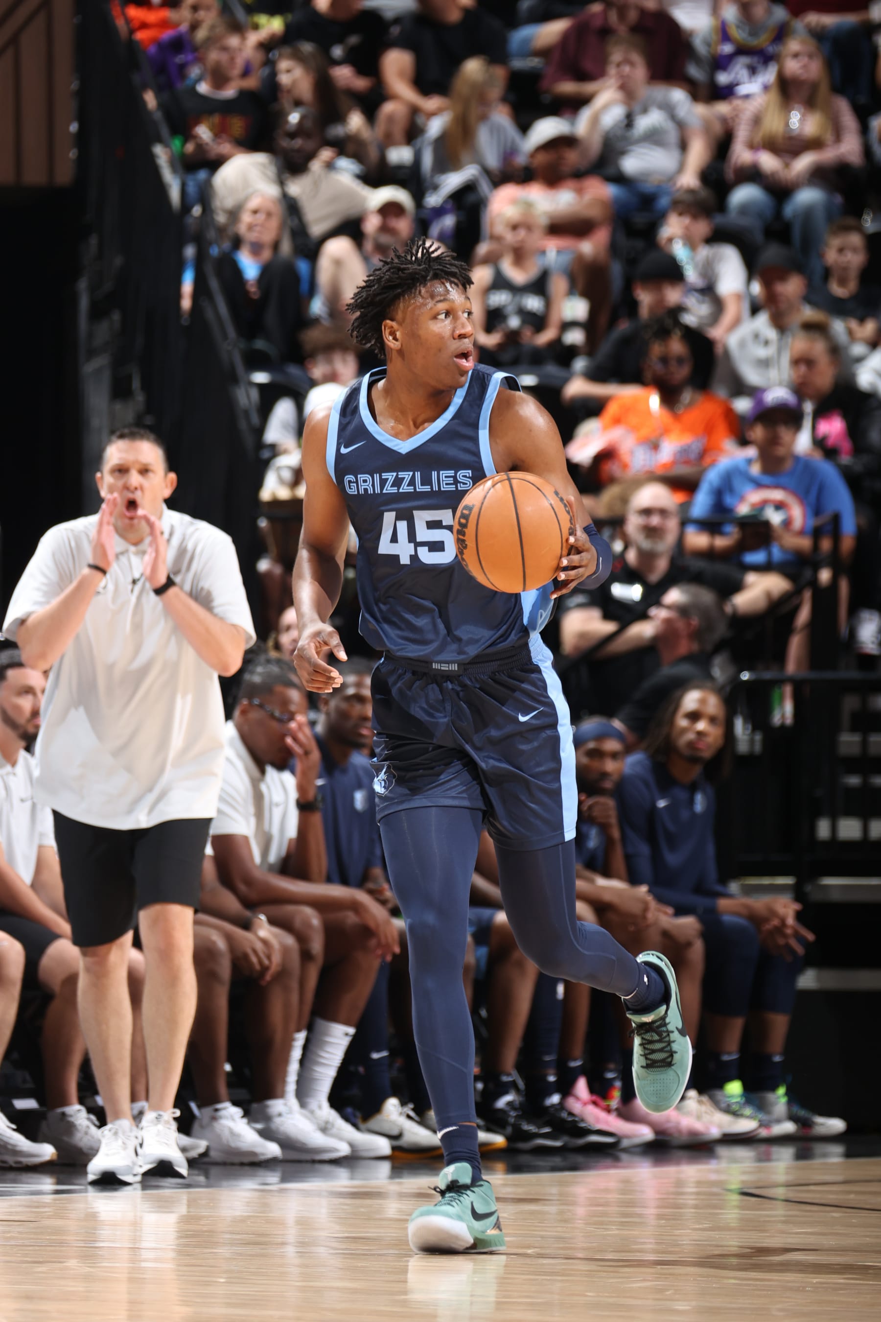 SALT LAKE CITY, UT - July 8: GG Jackson #45 of the Memphis Grizzlies dribbles the ball during the game against the Utah Jazz during the 2024 NBA Salt Lake City Summer League on July 8, 2024 at Delta Center in Salt Lake City, Utah. NOTE TO USER: User expressly acknowledges and agrees that, by downloading and or using this Photograph, User is consenting to the terms and conditions of the Getty Images License Agreement. Mandatory Copyright Notice: Copyright 2024 NBAE (Photo by Melissa Majchrzak/NBAE via Getty Images)