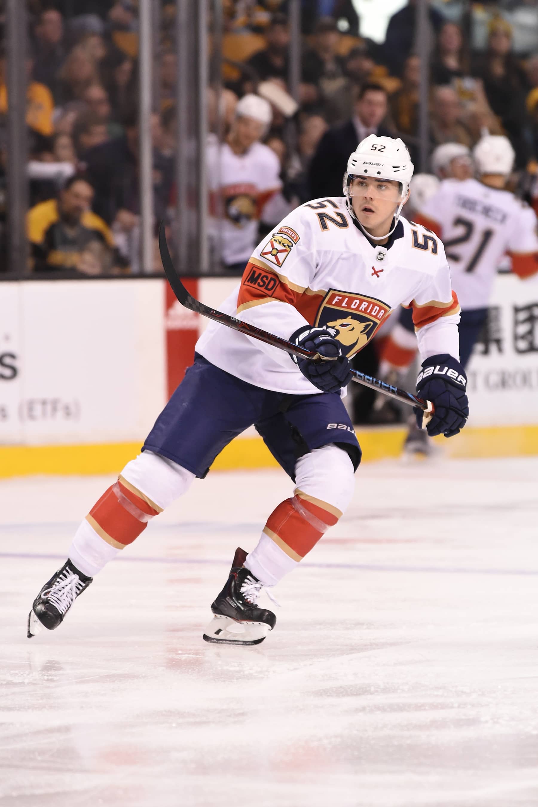 BOSTON, MA - MARCH 31: MacKenzie Weegar #52 of the Florida Panthers skates against the Boston Bruins at the TD Garden on March 31, 2018 in Boston, Massachusetts. (Photo by Steve Babineau/NHLI via Getty Images) *** Local Caption *** MacKenzie Weegar