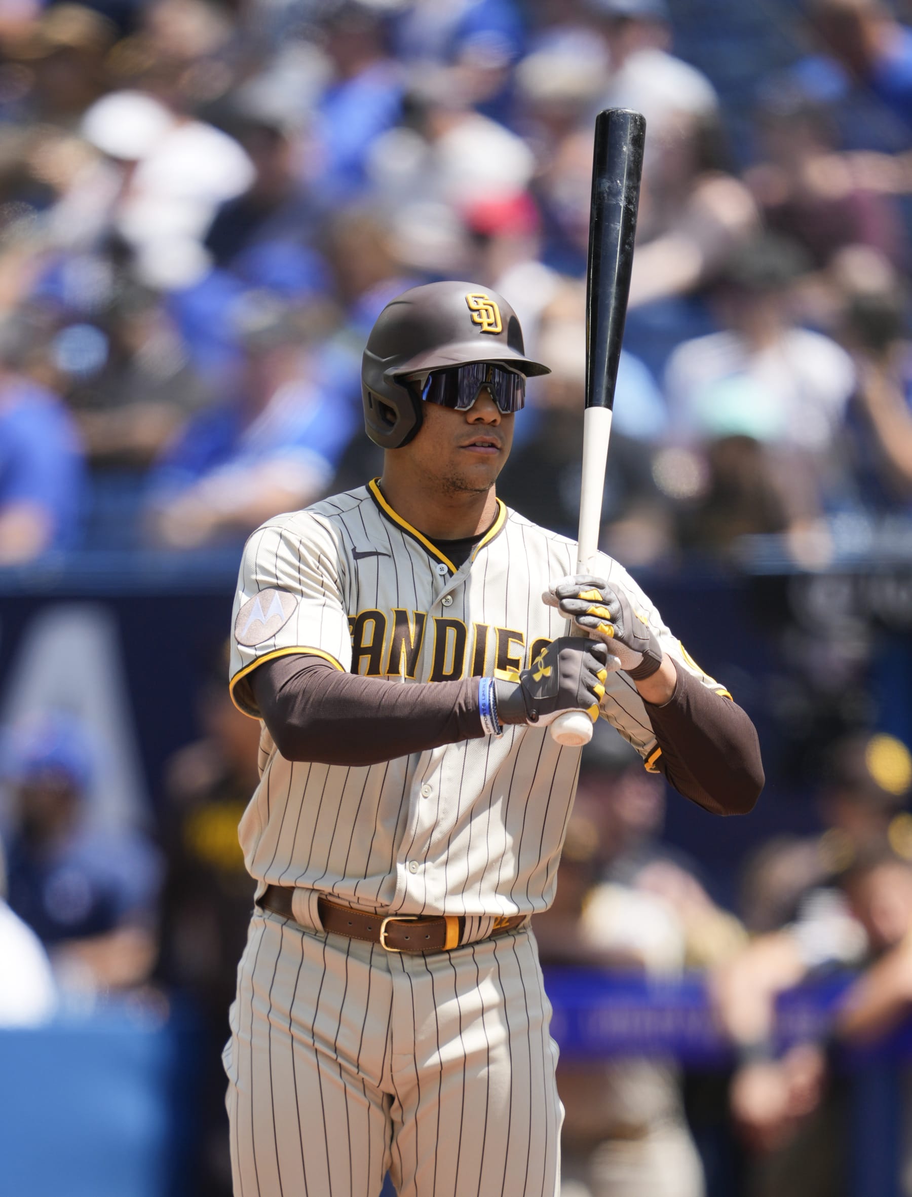 TORONTO, ON - JULY 20: Juan Soto #22 of San Diego Padres takes an at bat against the Toronto Blue Jays during the first inning in their MLB game at the Rogers Centre on July 20, 2023 in Toronto, Ontario, Canada. (Photo by Mark Blinch/Getty Images)