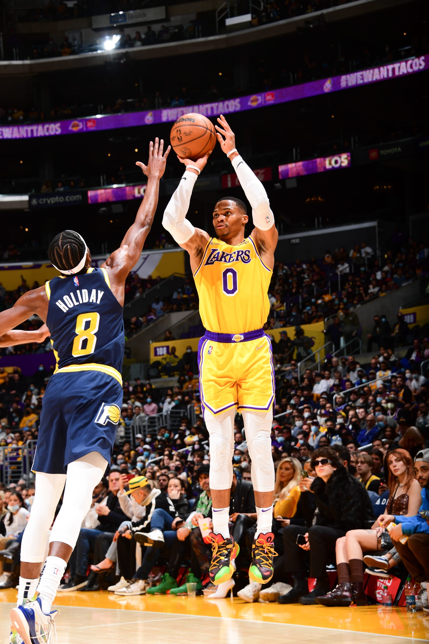 LOS ANGELES, CA - JANUARY 19: Russell Westbrook #0 of the Los Angeles Lakers shoots the ball during the game against the Indiana Pacers on January 19, 2022 at Crypto.Com Arena in Los Angeles, California. NOTE TO USER: User expressly acknowledges and agrees that, by downloading and/or using this Photograph, user is consenting to the terms and conditions of the Getty Images License Agreement. Mandatory Copyright Notice: Copyright 2022 NBAE (Photo by Adam Pantozzi/NBAE via Getty Images)