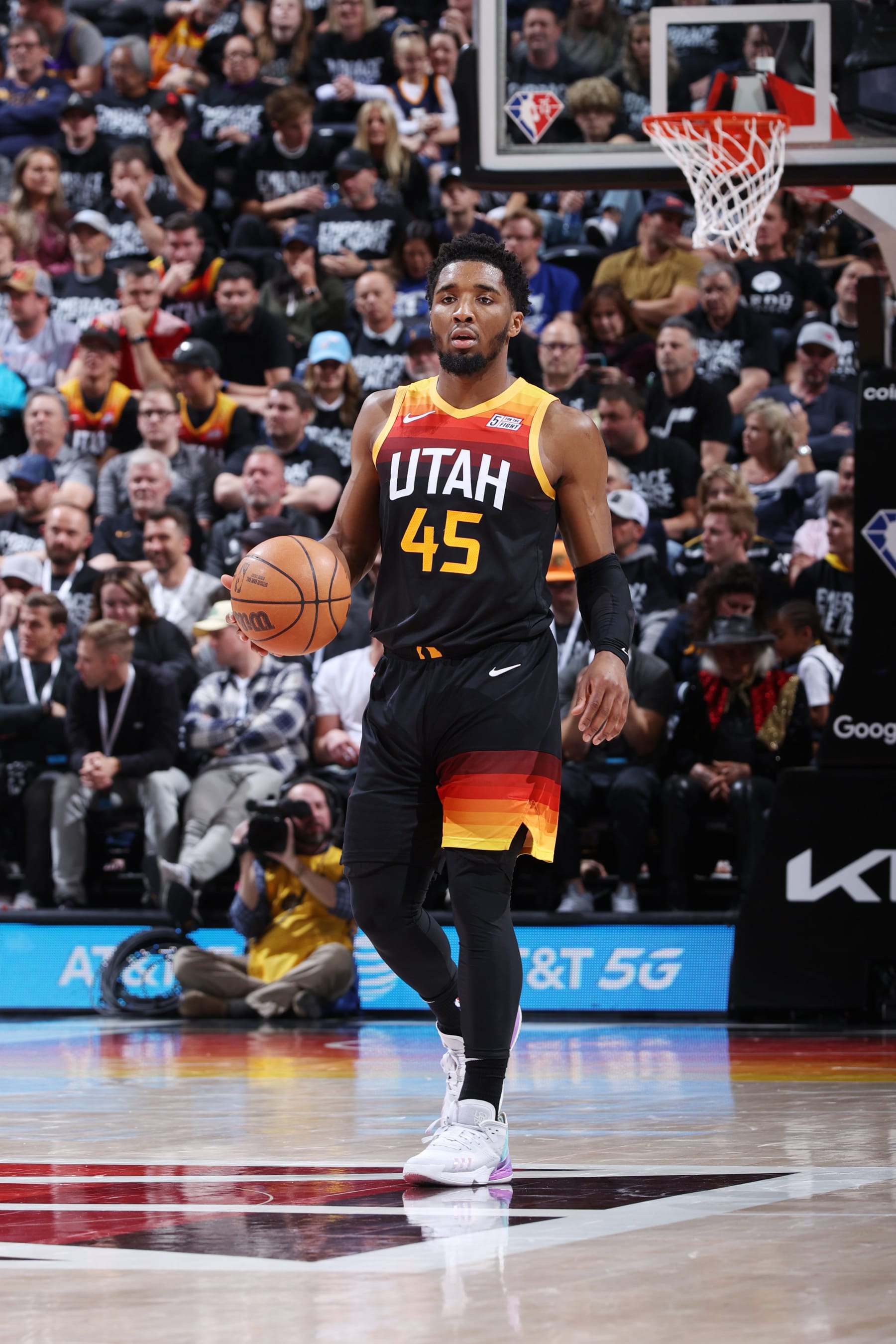 SALT LAKE CITY, UT - APRIL 28: Donovan Mitchell #45 of the Utah Jazz dribbles the ball during Round 1 Game 6 of the 2022 NBA Playoffs against the Dallas Mavericks on April 28, 2022 at vivint.SmartHome Arena in Salt Lake City, Utah. NOTE TO USER: User expressly acknowledges and agrees that, by downloading and or using this Photograph, User is consenting to the terms and conditions of the Getty Images License Agreement. Mandatory Copyright Notice: Copyright 2022 NBAE (Photo by Melissa Majchrzak/NBAE via Getty Images)