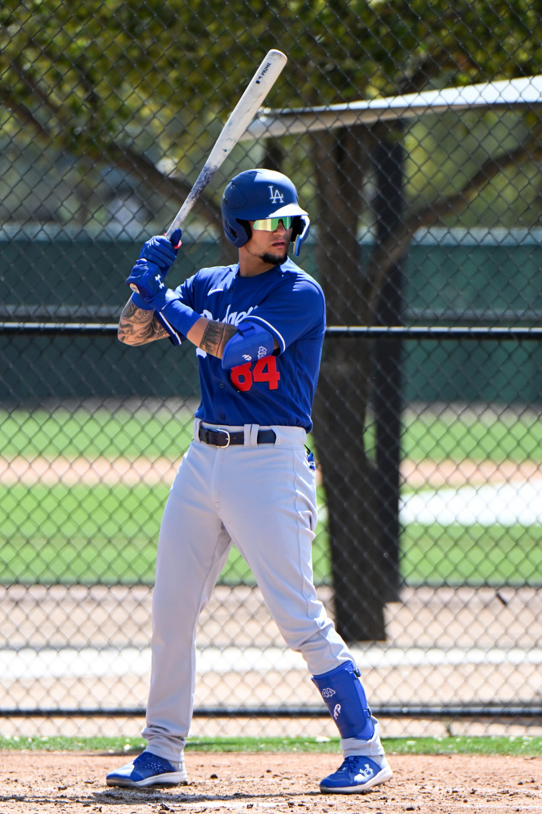 GLENDALE, ARIZONA - MARCH 25, 2023: Andy Pages #84 of the Los Angeles Dodgers bats during a minor league spring training game against the Chicago White Sox at Camelback Ranch on March 25, 2023 in Glendale, Arizona. (Photo by David Durochik/Diamond Images via Getty Images)