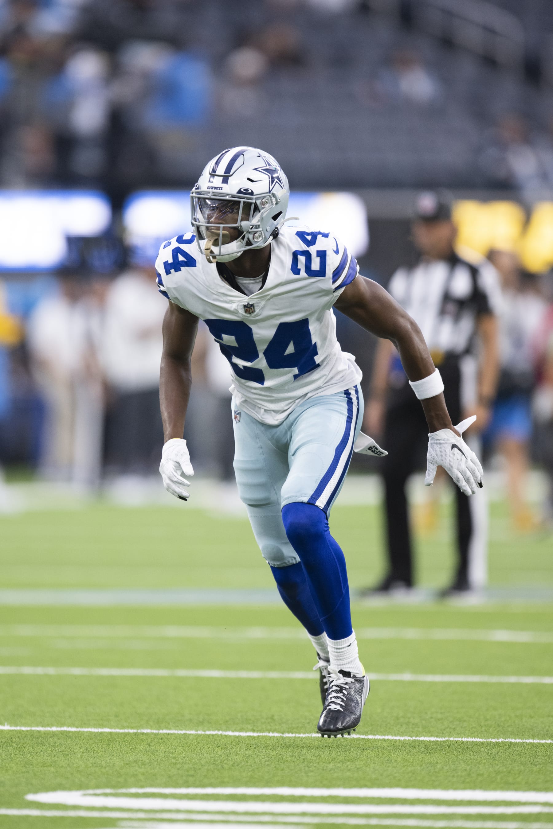 Dallas Cowboys safety Israel Mukuamu (24) runs before an NFL preseason football game against Los Angeles Chargers Saturday, Aug. 20, 2022, in Inglewood, Calif. (AP Photo/Kyusung Gong)