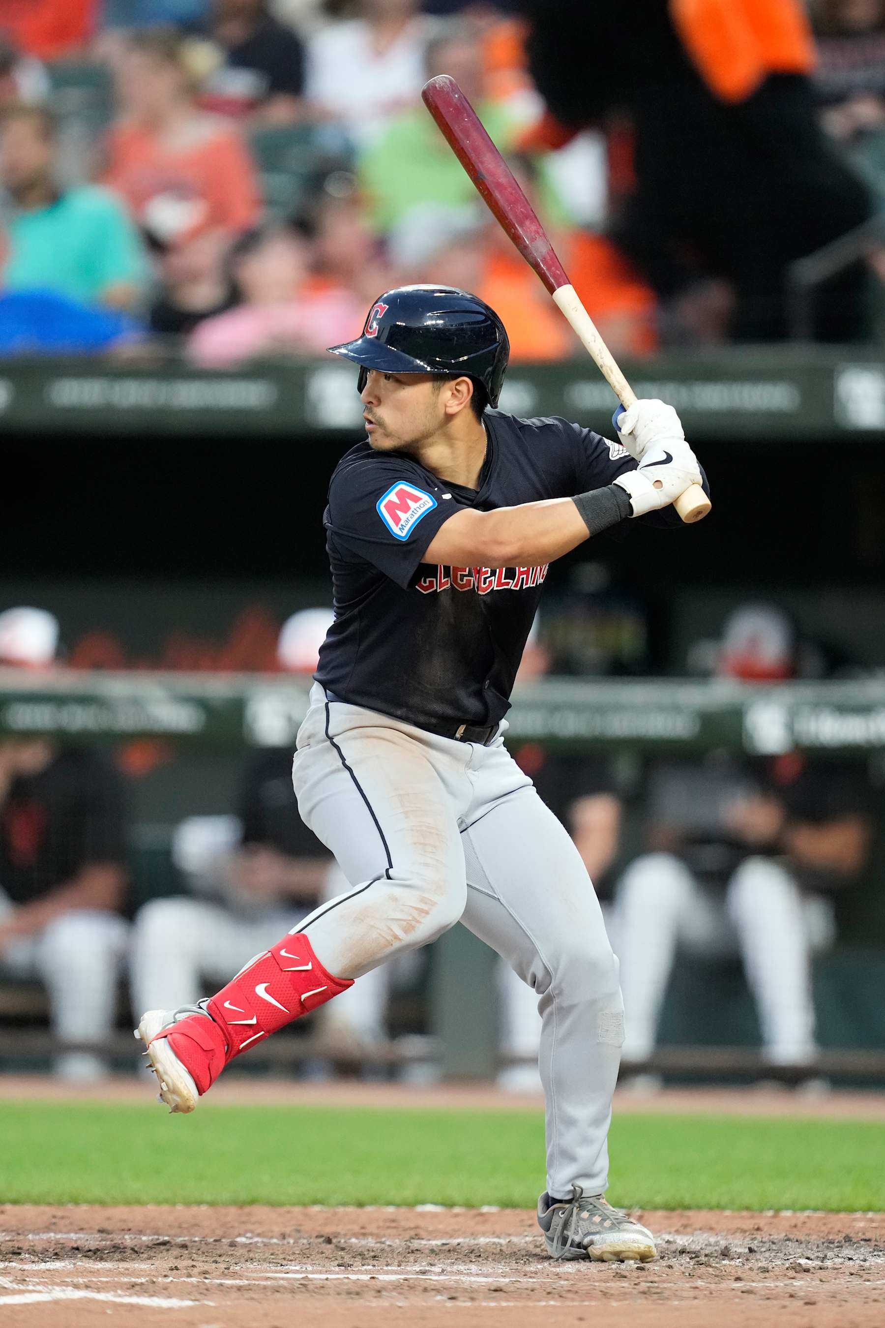 BALTIMORE, MD - JUNE 24: Steven Kwan #38 of the Cleveland Guardians prepares for a pitch during a game against Baltimore Orioles at the Oriole Park at Camden Yards on June 24, 2024 in Baltimore, Maryland. (Photo by Mitchell Layton/Getty Images)