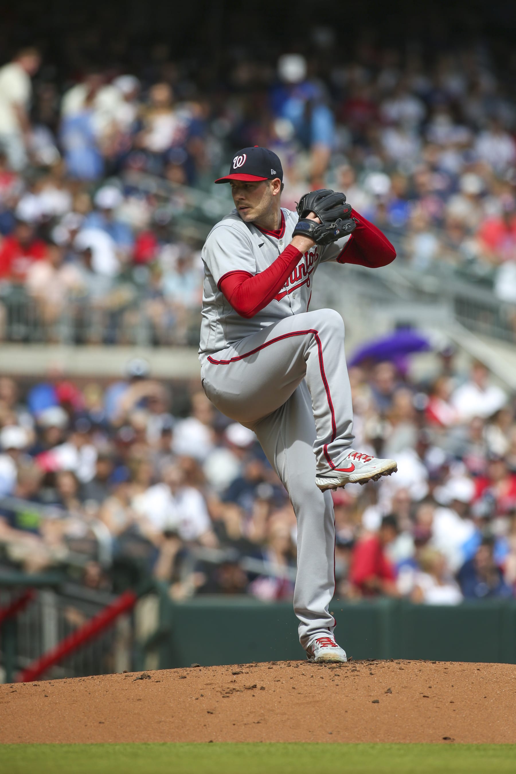 ATLANTA, GA - JULY 09: Patrick Corbin #46 of the Washington Nationals pitches against the Atlanta Braves in the first inning at Truist Park on July 9, 2022 in Atlanta, Georgia. (Photo by Brett Davis/Getty Images)